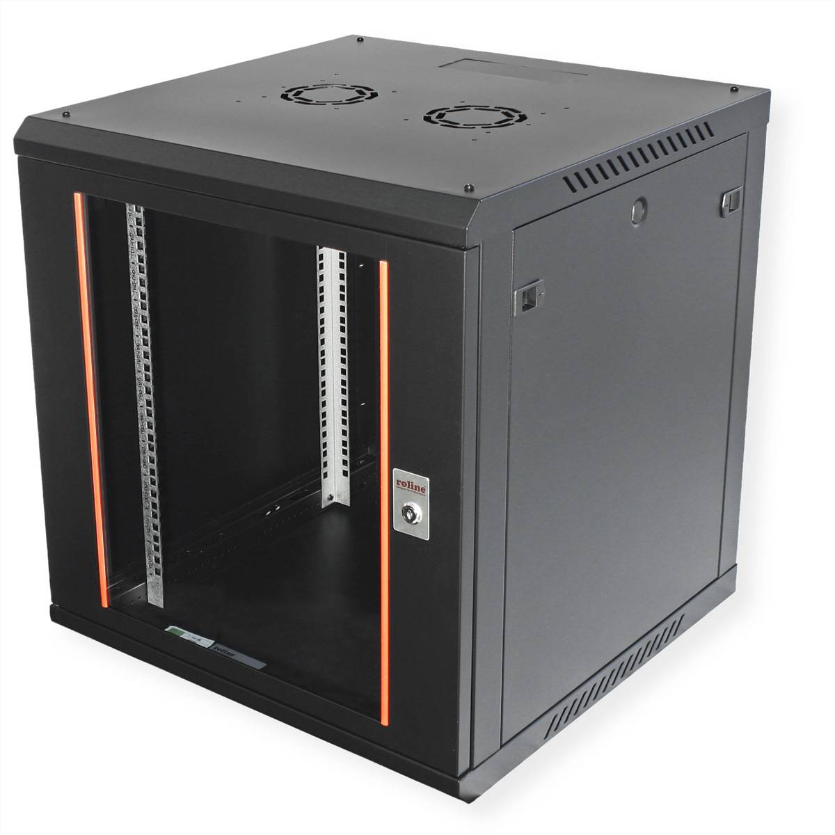 Rackmount-Serverschrank mit schwarzem Finish, ausgestattet mit orangefarbenen Akzenten und Belüftungsventilatoren oben. Geeignet zur Unterbringung von Netzwerkgeräten.