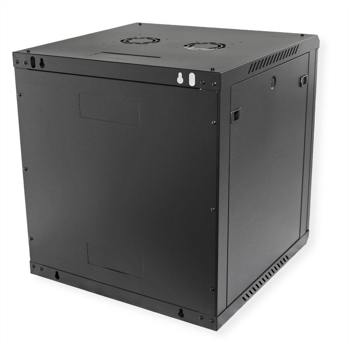 Ein schwarzes, würfelförmiges Serverschrank-Gehäuse mit Lüftungsventilatoren oben, geschlossenen Türen und Befestigungslöchern, geeignet für Netzwerkgeräte.