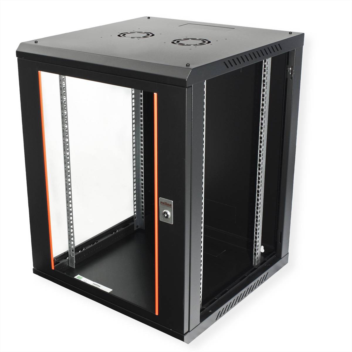 Ein schwarzes, wandmontiertes Serverrack mit offener Vorderseite, orangefarbenem Rand und leerem Innenraum, geeignet zur Aufnahme von Netzwerkausrüstung.