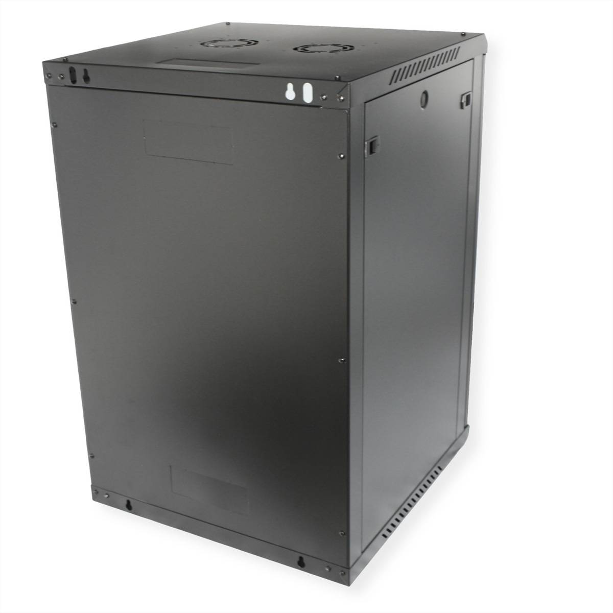 Ein schwarzes Server-Rack-Gehäuse mit stabilem Metallrahmen, Belüftungslöchern oben und verschließbarer Fronttür, konzipiert zur Unterbringung von IT-Geräten.