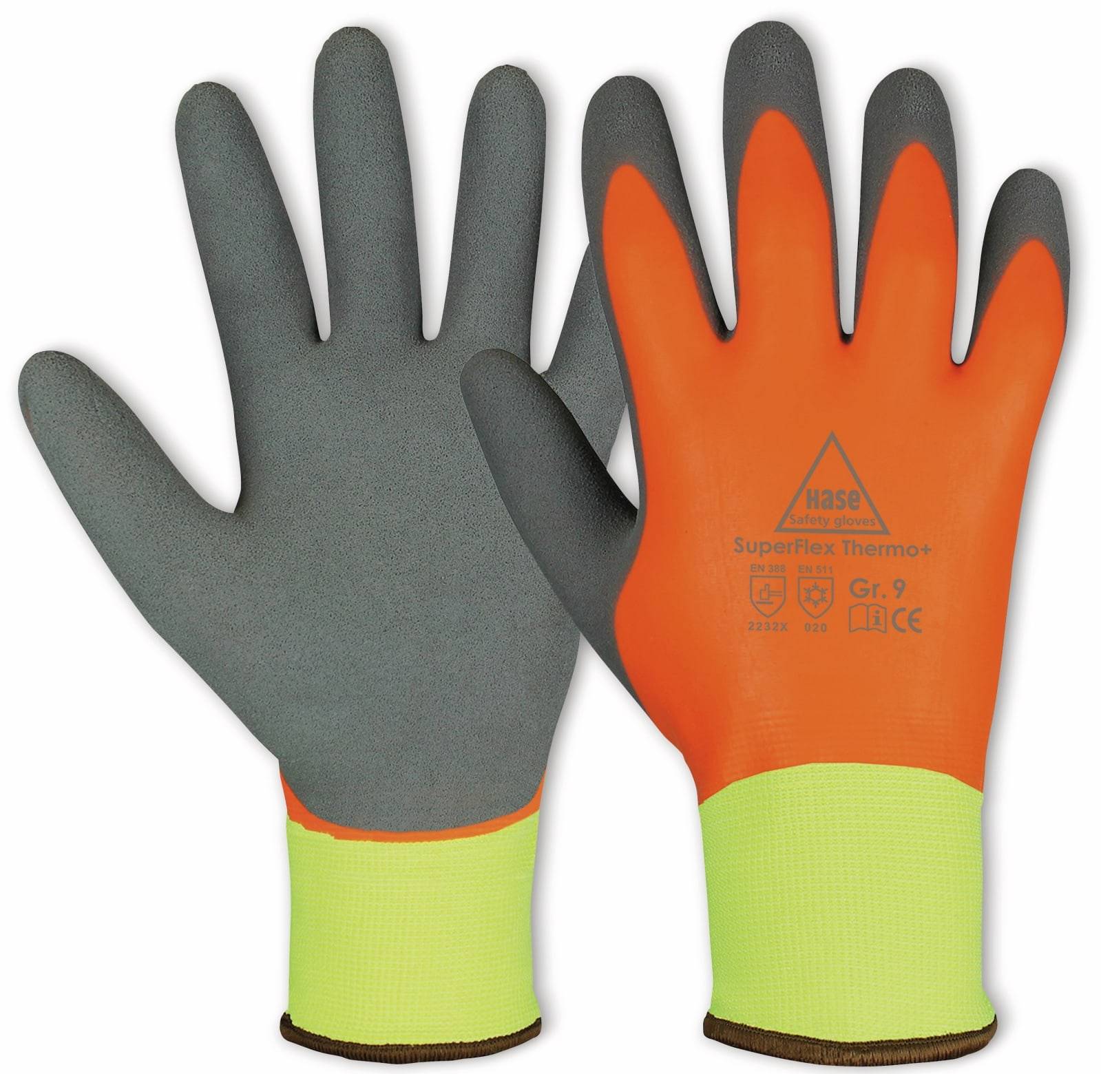 HASE SAFETY GLOVES Latex-Arbeitshandschuh Winter, neongelb/orange/grau, Gr 9