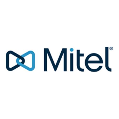 Mitel-Logo mit stilisiertem verknüpften blauem und dunkelmarineblauem Symbol neben dem Wort 