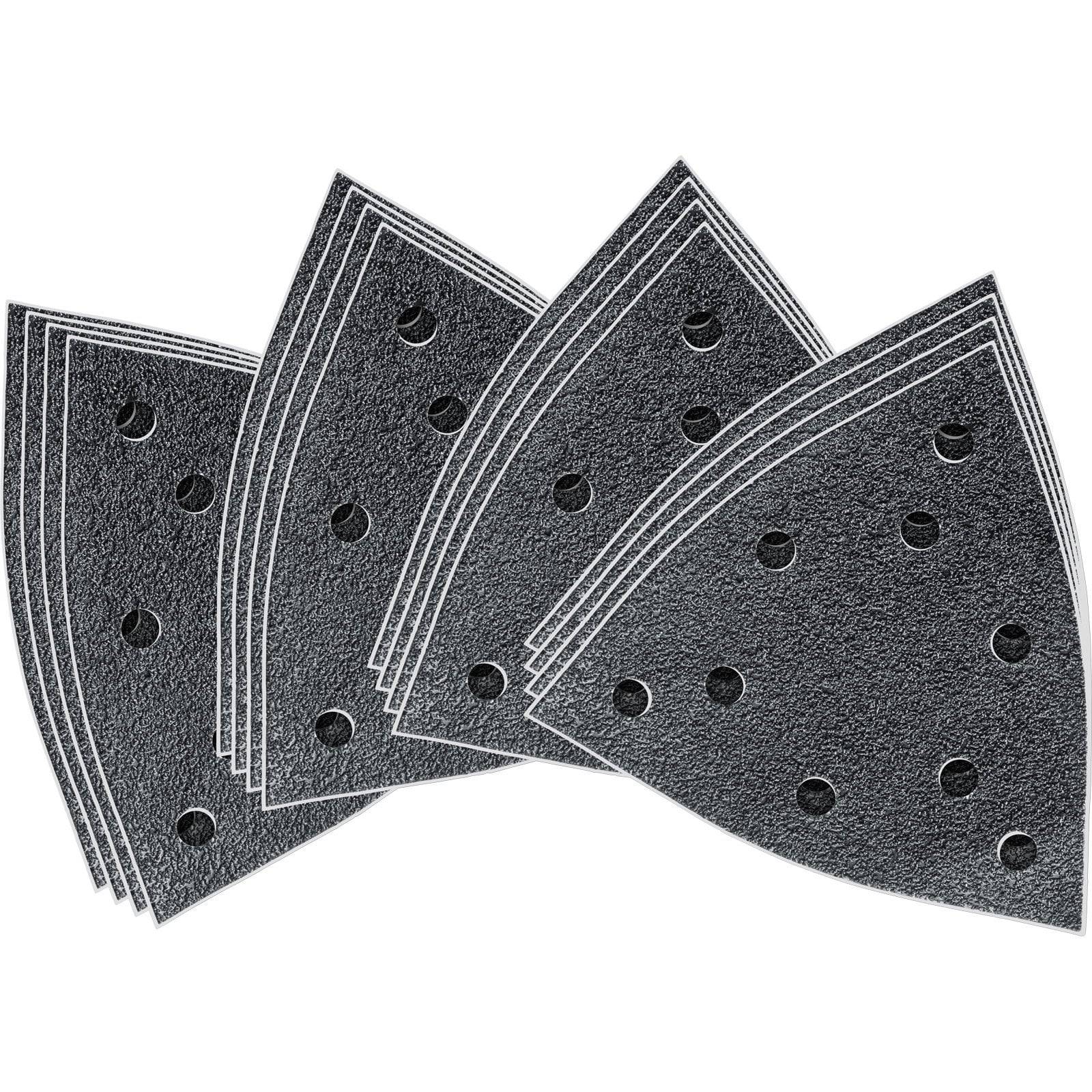 Mehrere dreieckige Schleifpapiertücher mit perforierten Löchern, fächerartig zur Anzeige ausgebreitet.