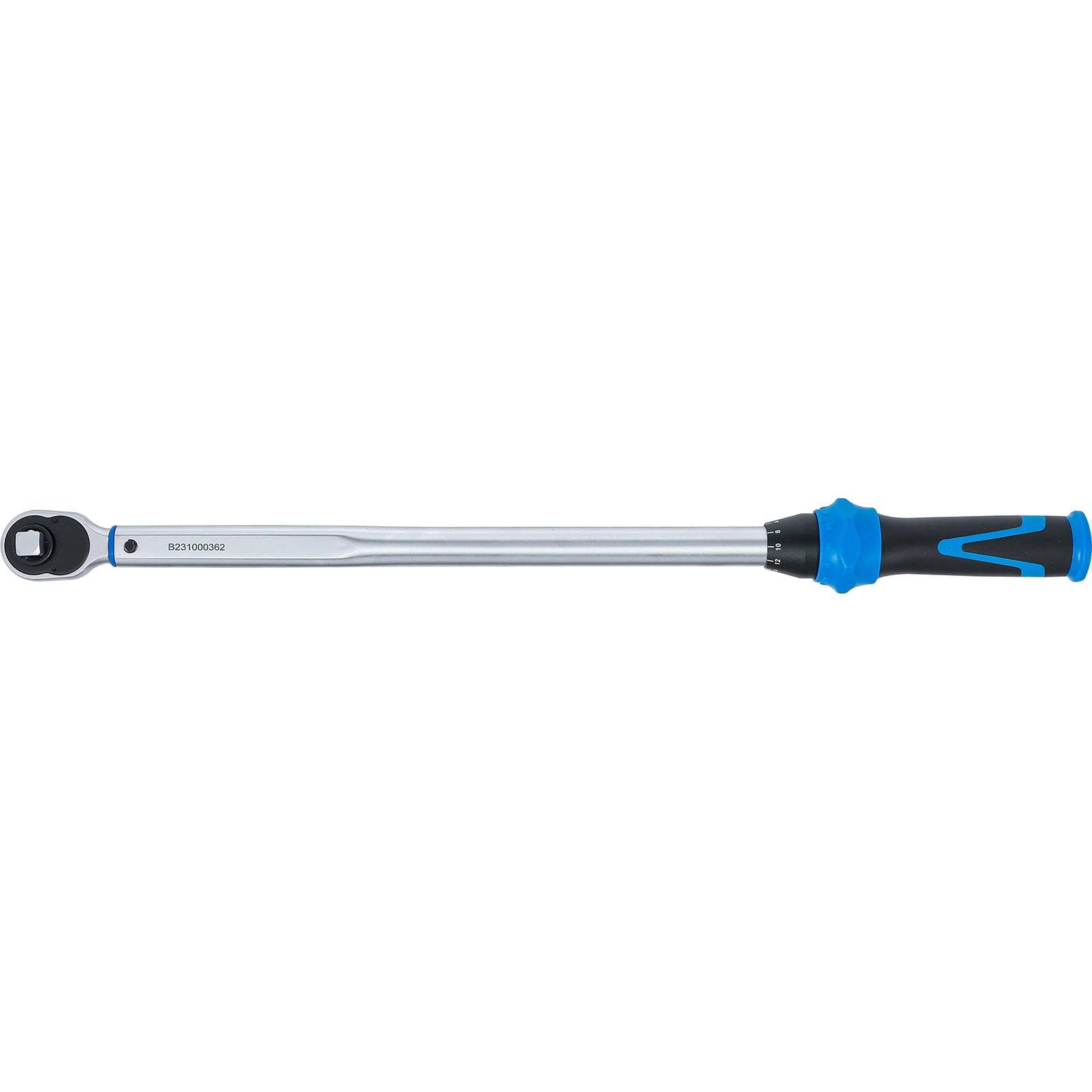 Ein silber- und blaufarbener Drehmomentschlüssel mit schwarzem Griff, entwickelt für präzises Anziehen von Muttern und Schrauben.