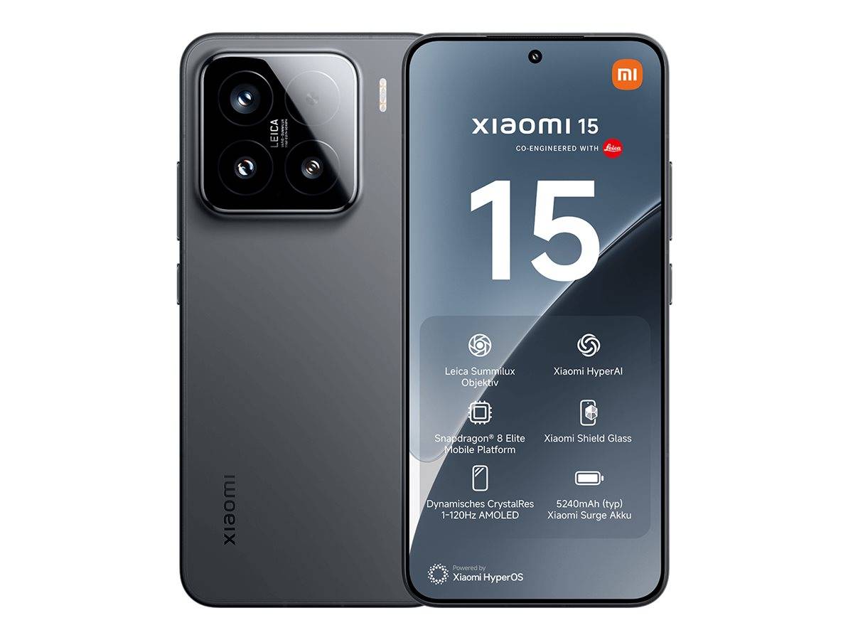 Vorder- und Rückansicht eines Xiaomi 15 Smartphones in Grau, das das Triple-Kamera-Modul und den Bildschirm mit 