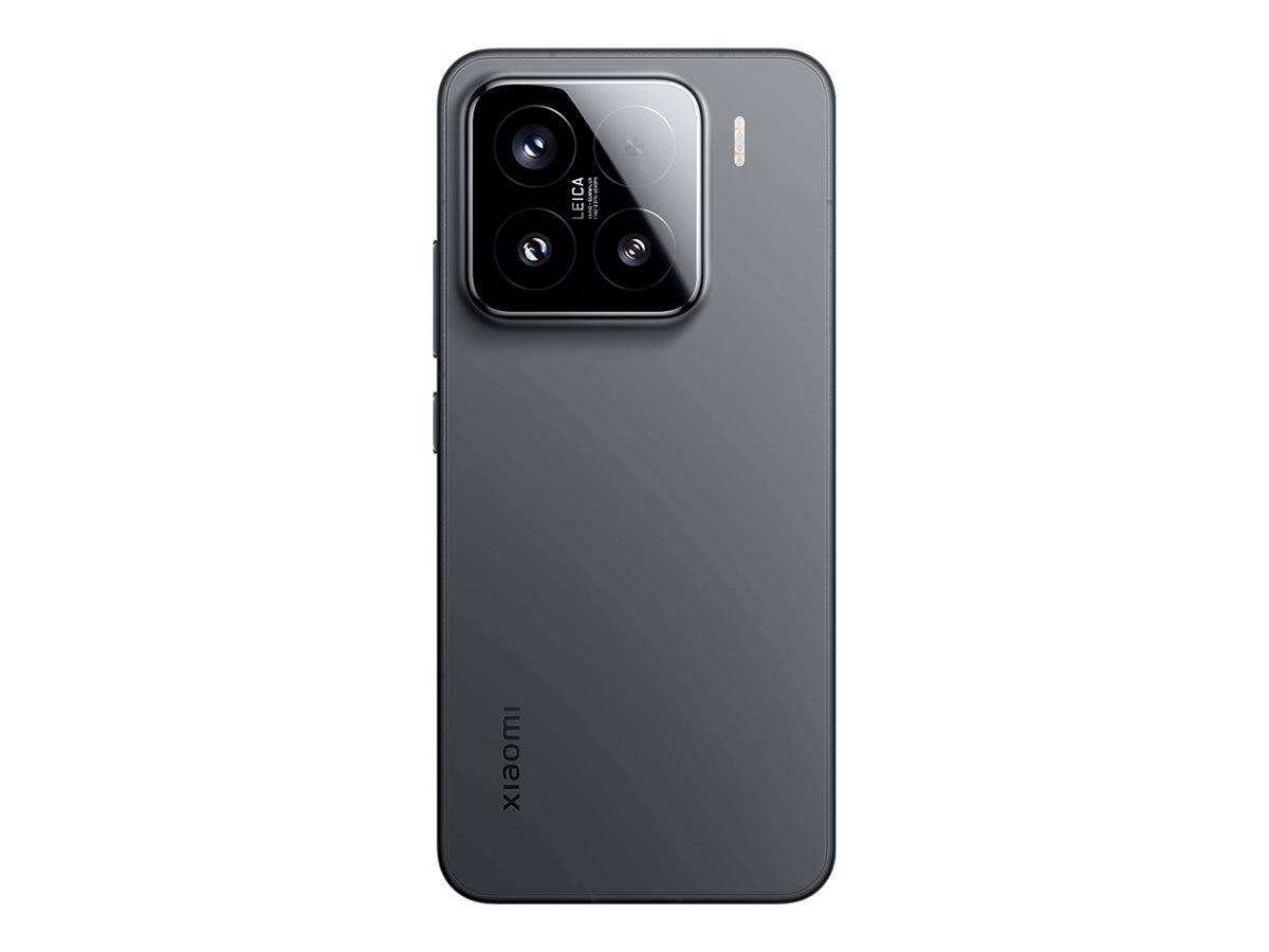 Rückansicht eines dunkelgrauen Xiaomi-Smartphones mit einem großen quadratischen Kameramodul mit drei Objektiven und Blitz.