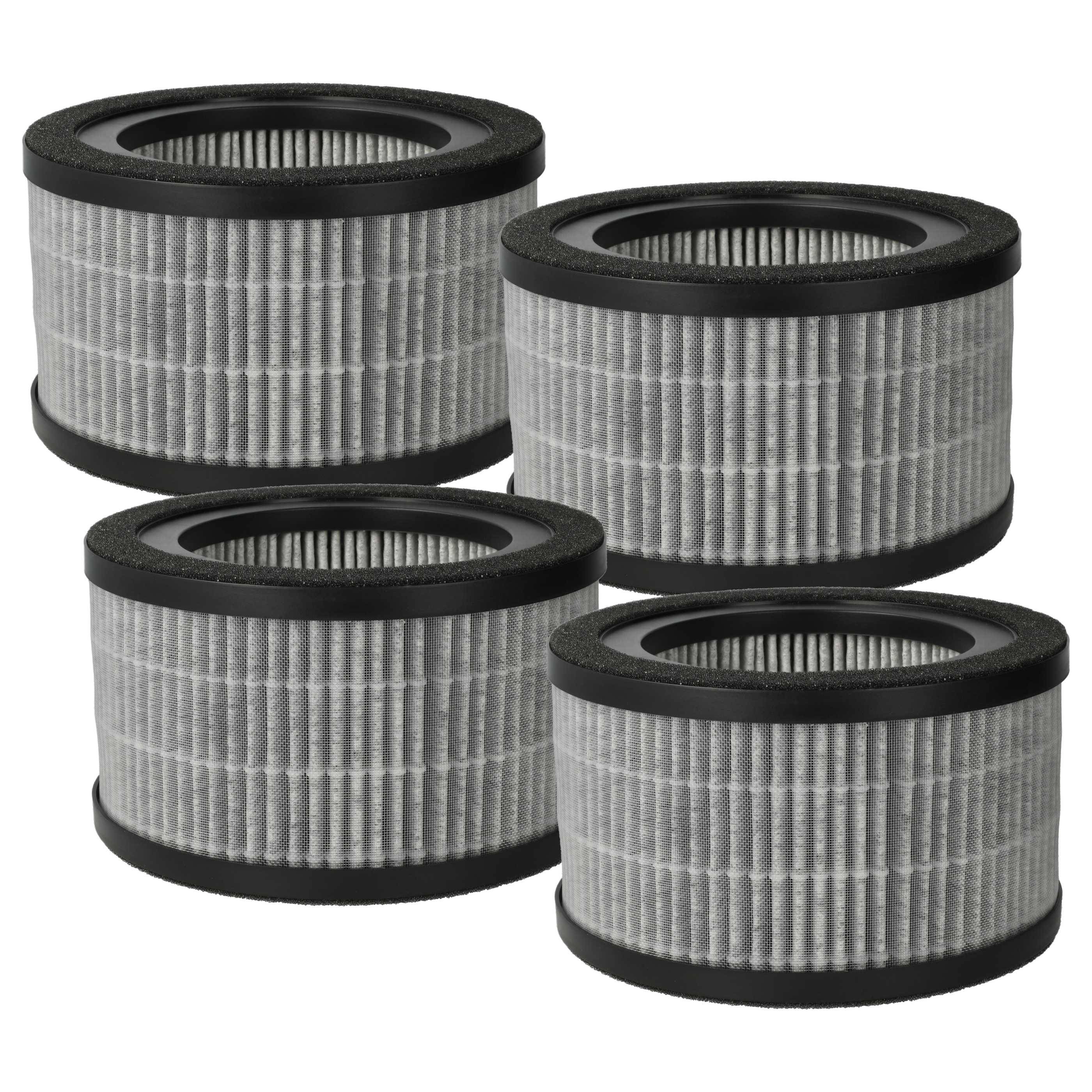 Vier zylindrische Luftfilter mit schwarzen Rändern und grauen Faltenoberflächen sind in zwei Reihen angeordnet.