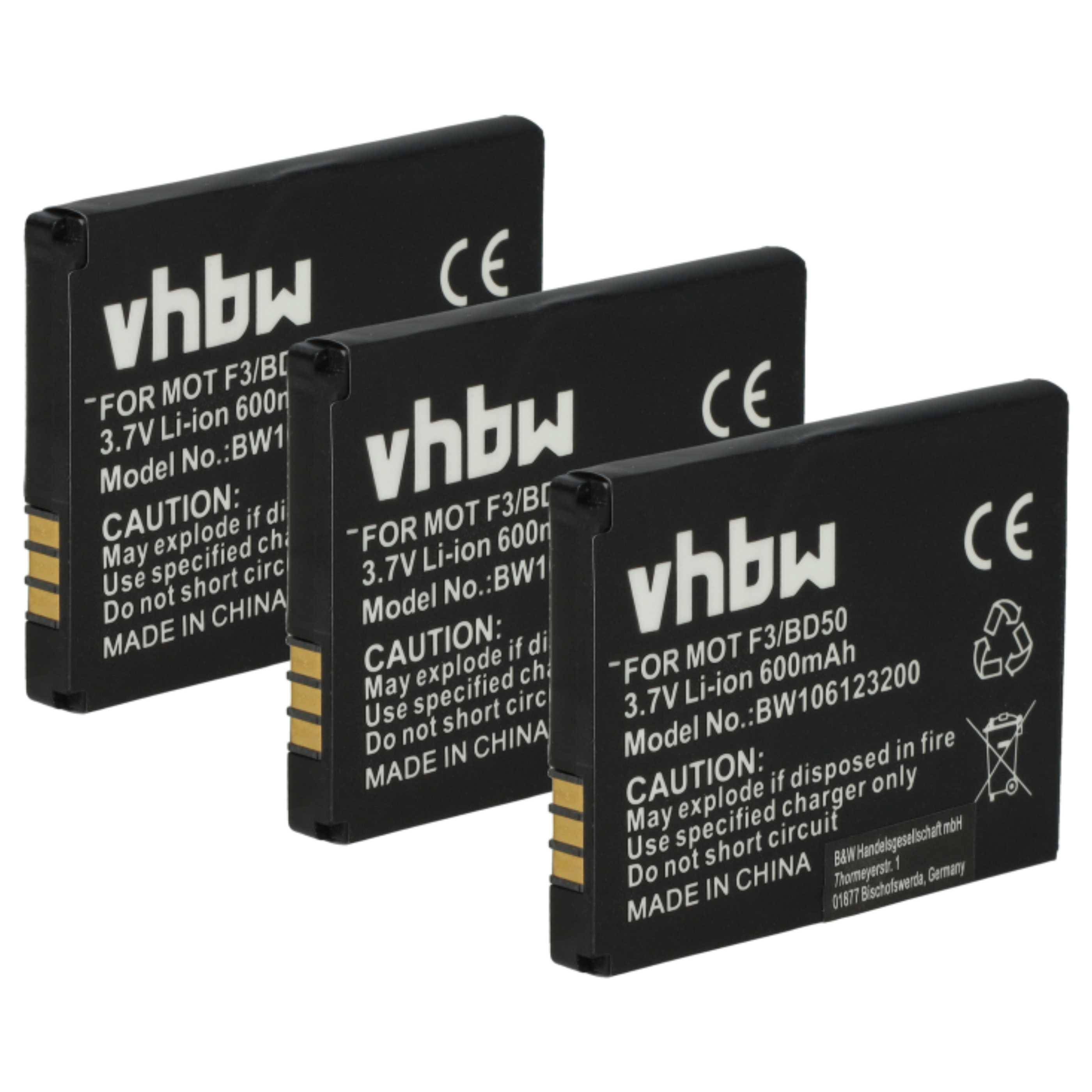 Drei schwarze vhbw wiederaufladbare Lithium-Ionen-Batterien gestapelt auf weißem Hintergrund.