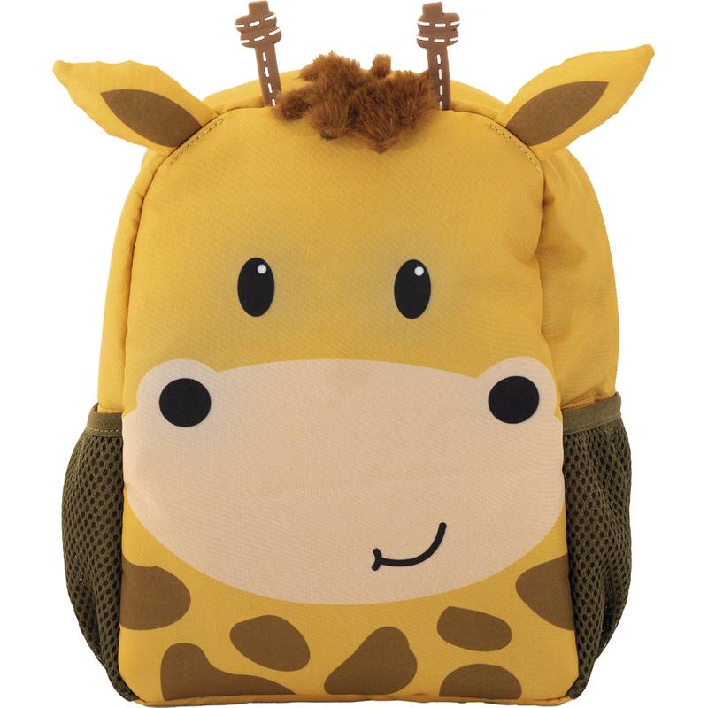 Ein Kinderrucksack, der wie ein Cartoon-Giraffe gestaltet ist, mit einem lächelnden Gesicht, zwei weichen Hörnern, Ohren und gemusterten Taschen.