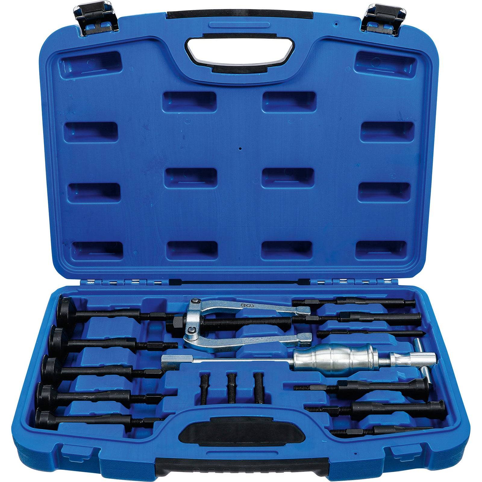 Blauer Kunststoff-Werkzeugkoffer geöffnet, zeigt verschiedene mechanische Werkzeuge, einschließlich eines Abzieher-Sets und Zubehör, die in speziellen Fächern organisiert sind.