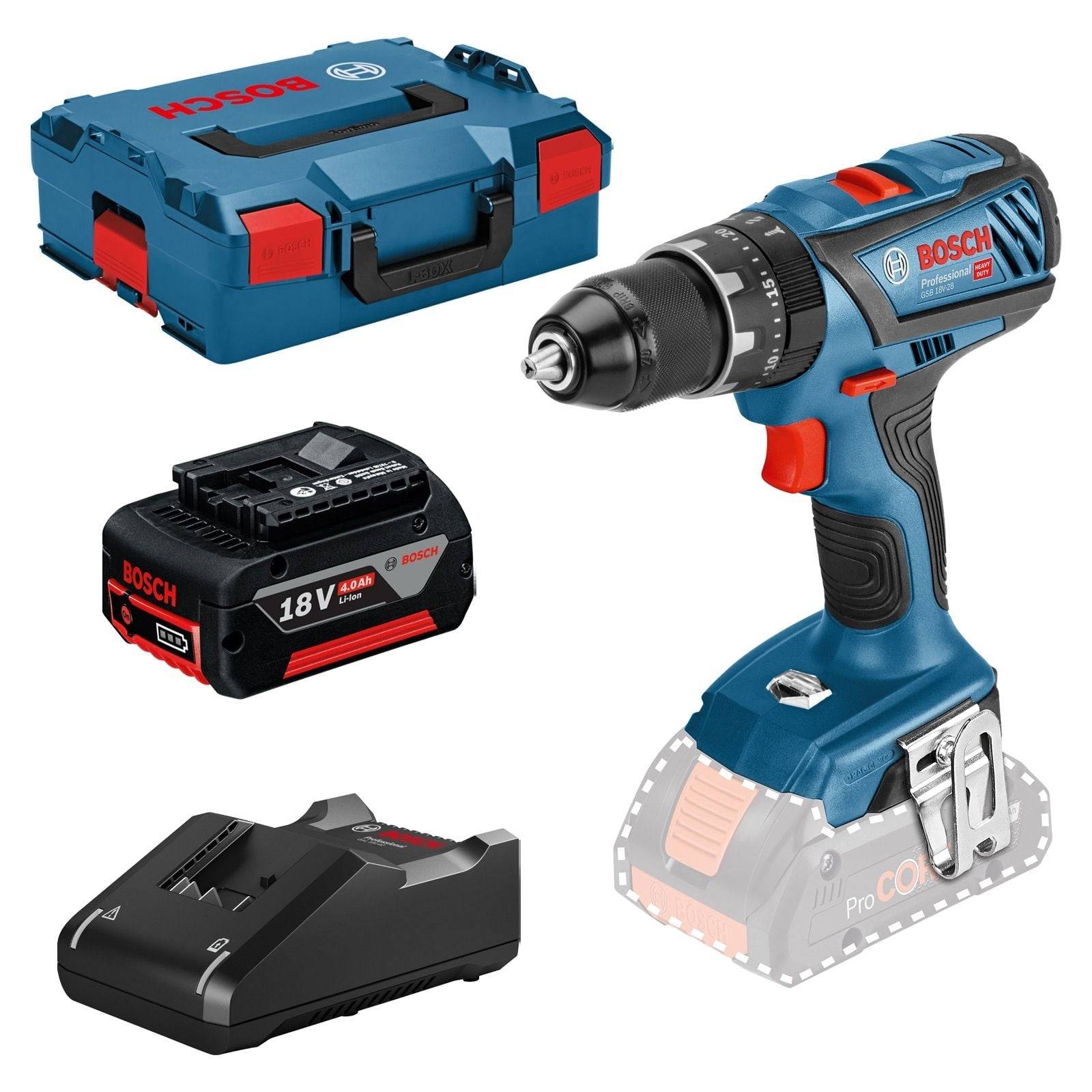 Kabelloses Bohrerset bestehend aus einer Bohrmaschine, Akku, Ladegerät und Transportkoffer. Die Bohrmaschine ist blau und schwarz und mit dem Markennamen 'Bosch' beschriftet.