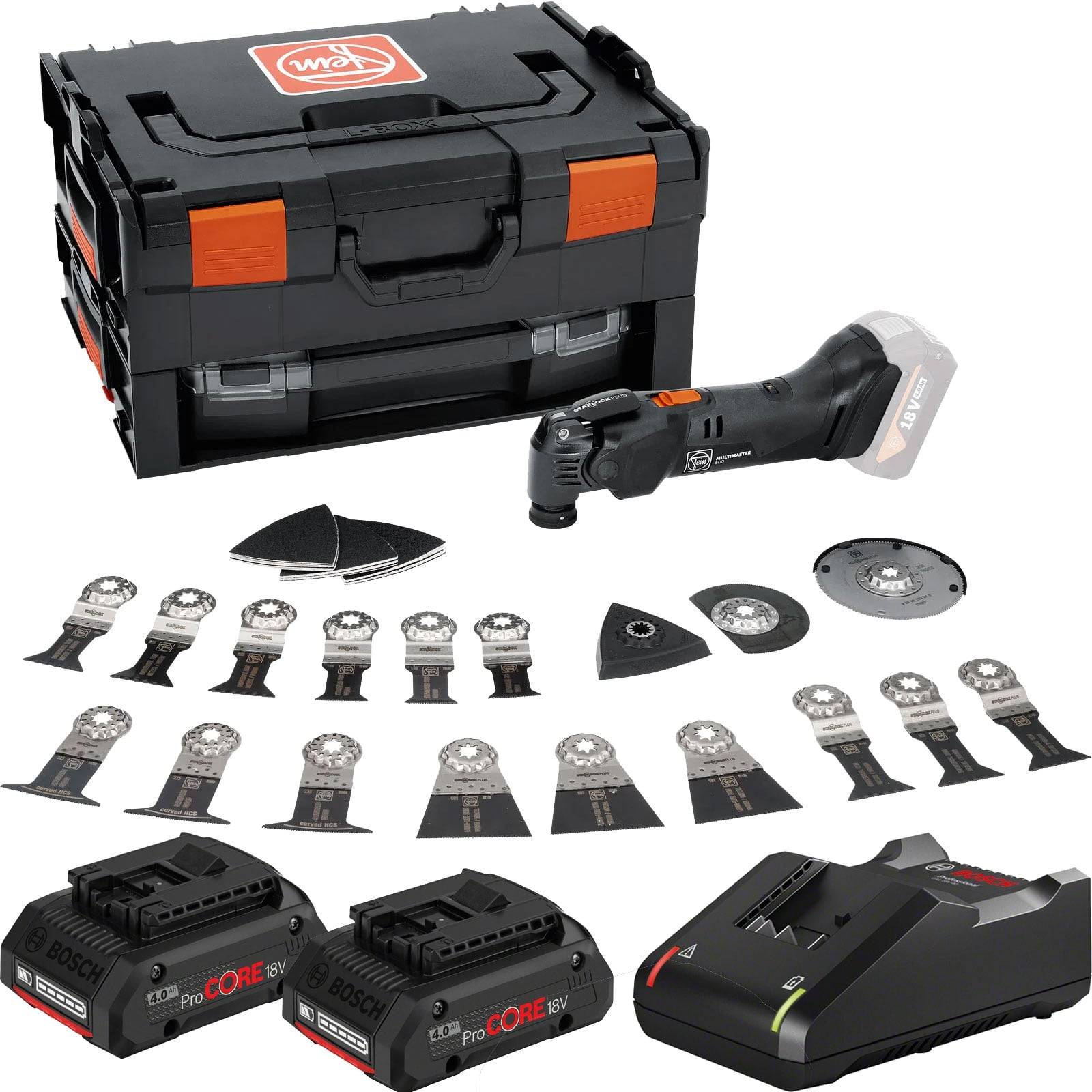 Ein oszillierendes Multifunktions-Werkzeugset mit mehreren Aufsätzen, zwei aufladbaren Batterien und einem Ladegerät in einem schwarzen Werkzeugkoffer.