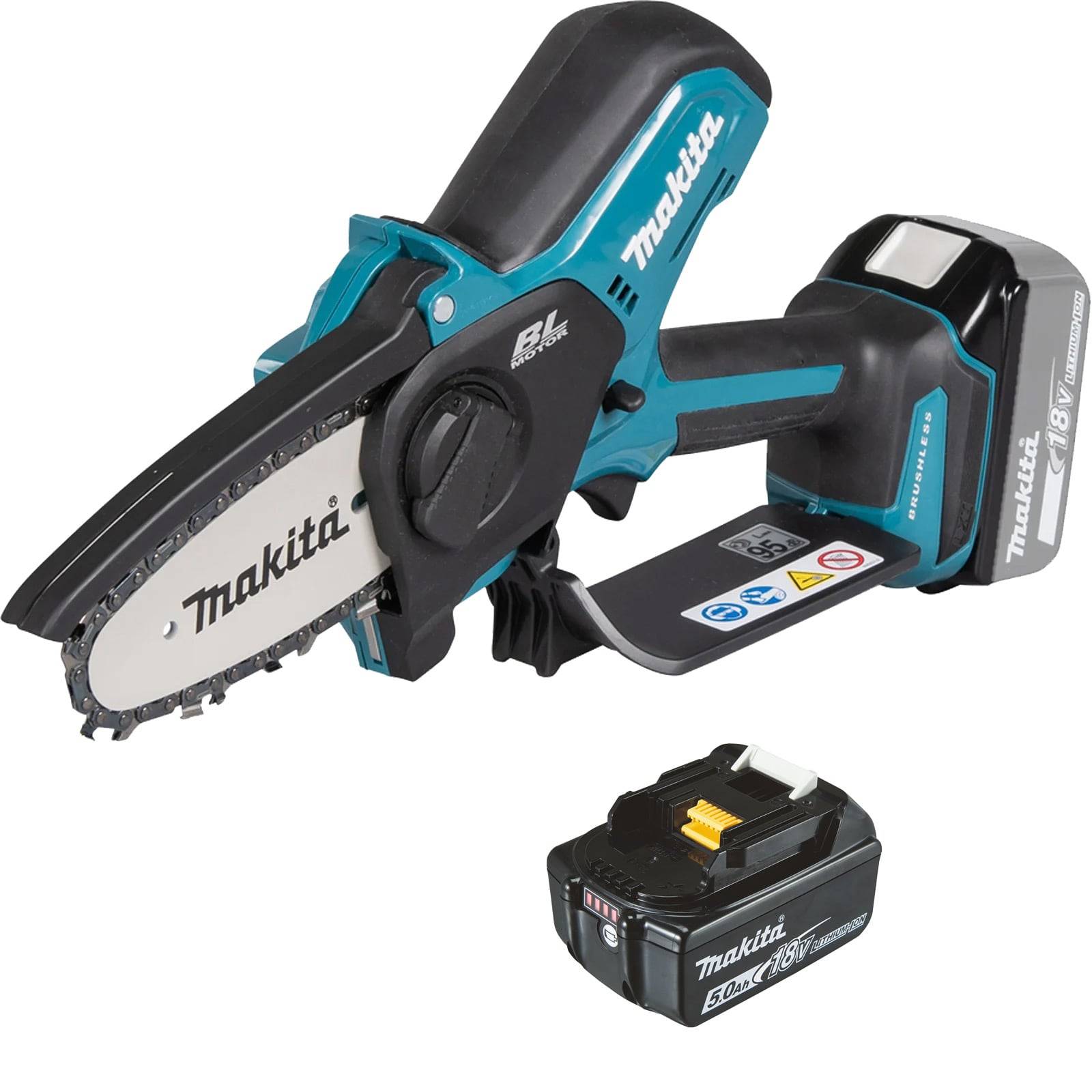 Makita Akku-Kettensäge mit einem 18V-Lithium-Ionen-Akku, ausgestattet mit einer kompakten Bauweise und einem ergonomischen Griff für effizientes Sägen.