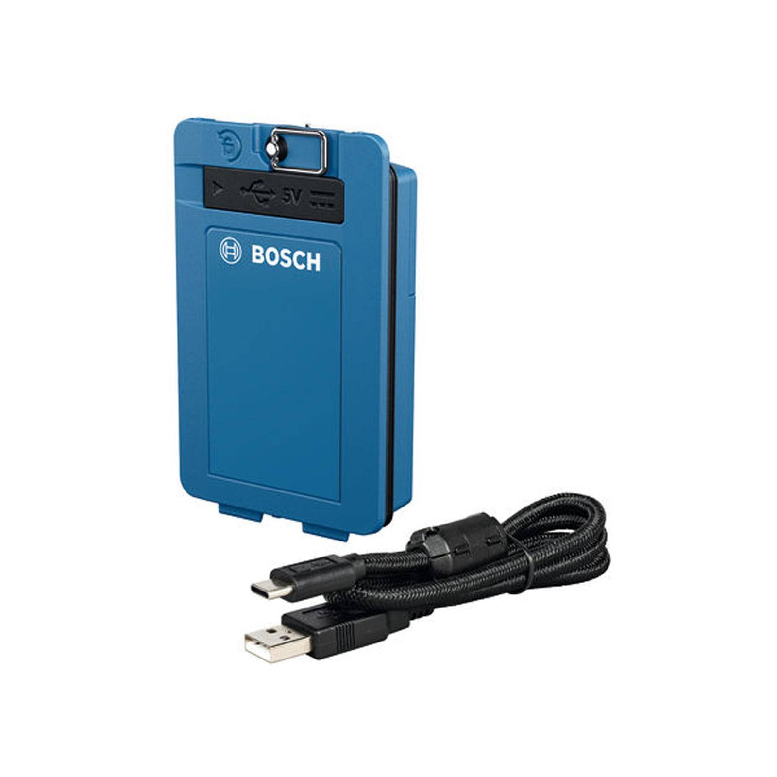 Bosch USB-Netzteil in Blau mit geflochtenem USB-Kabel, geeignet zum Laden kompatibler Geräte.