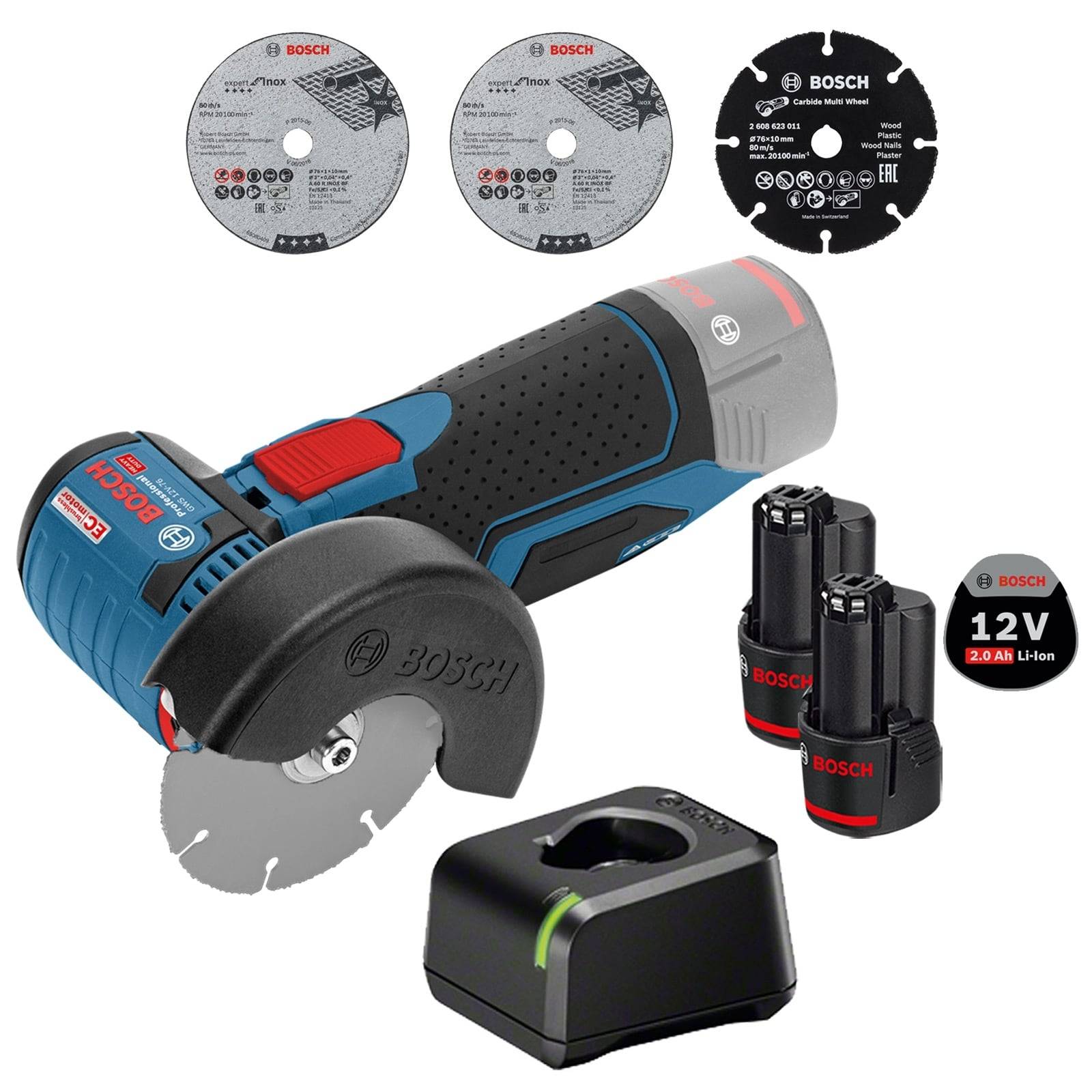 Akku-Mini-Kreissäge-Set mit zwei Akkupacks, drei verschiedenen Sägeblättern und einem Ladegerät, alles von der Marke Bosch.