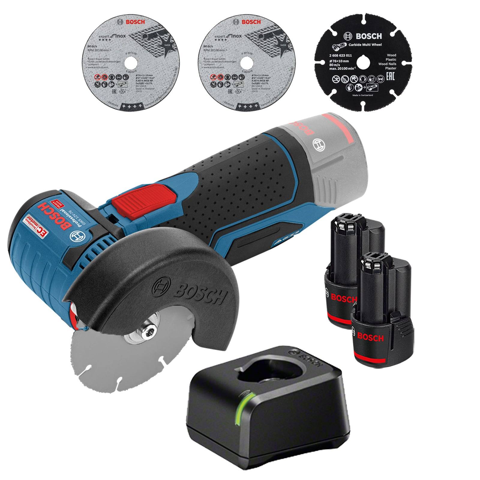 Bosch GWS 12V-76 Akku-Winkelschleifer-Set mit drei Scheiben, zwei Akkus und einem Ladegerät.