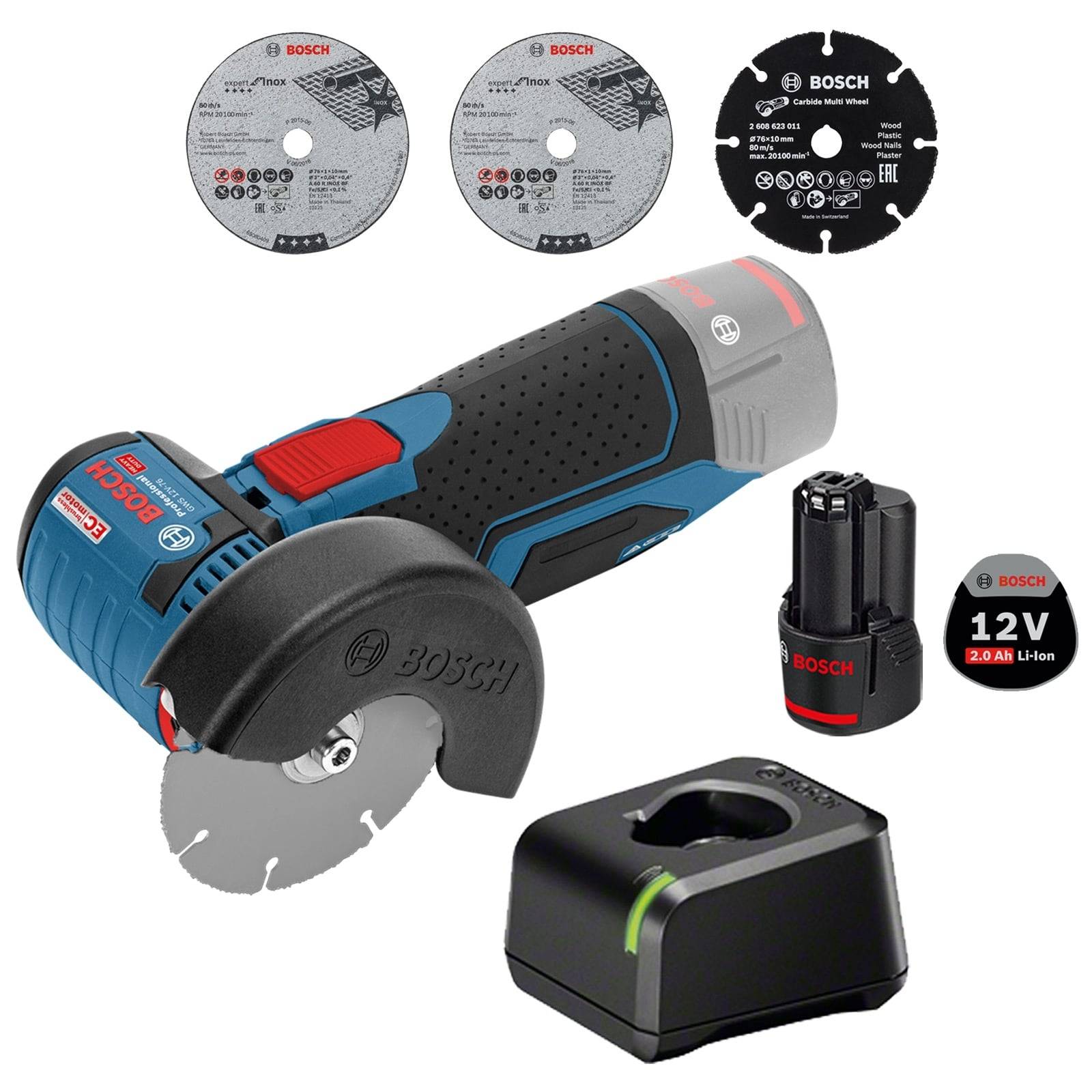 Bosch 12V Akku-Mini-Kreissäge mit Sägeblättern, Akku und Ladegerät.