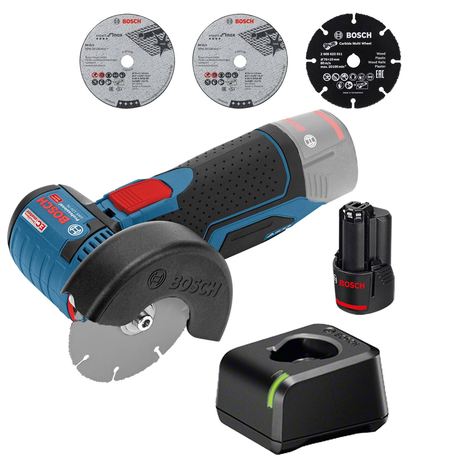 Ein Bosch Kompakt-Schneidwerkzeug mit drei Klingen, Akku und Ladegerät. Entwickelt für präzise Schneidaufgaben in verschiedenen Materialien.