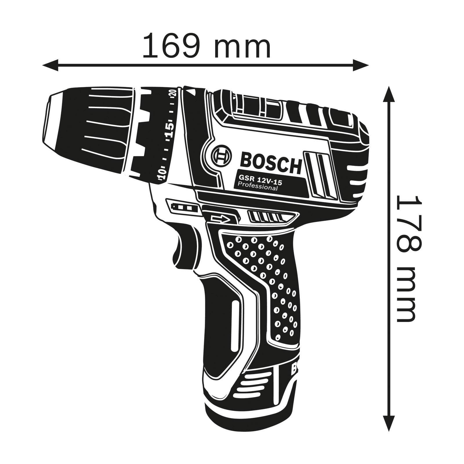 Schwarzweiß-Illustration eines Bosch GSR 12V-15 Professional Bohrers mit Maßangaben: 169 mm Breite und 178 mm Höhe.