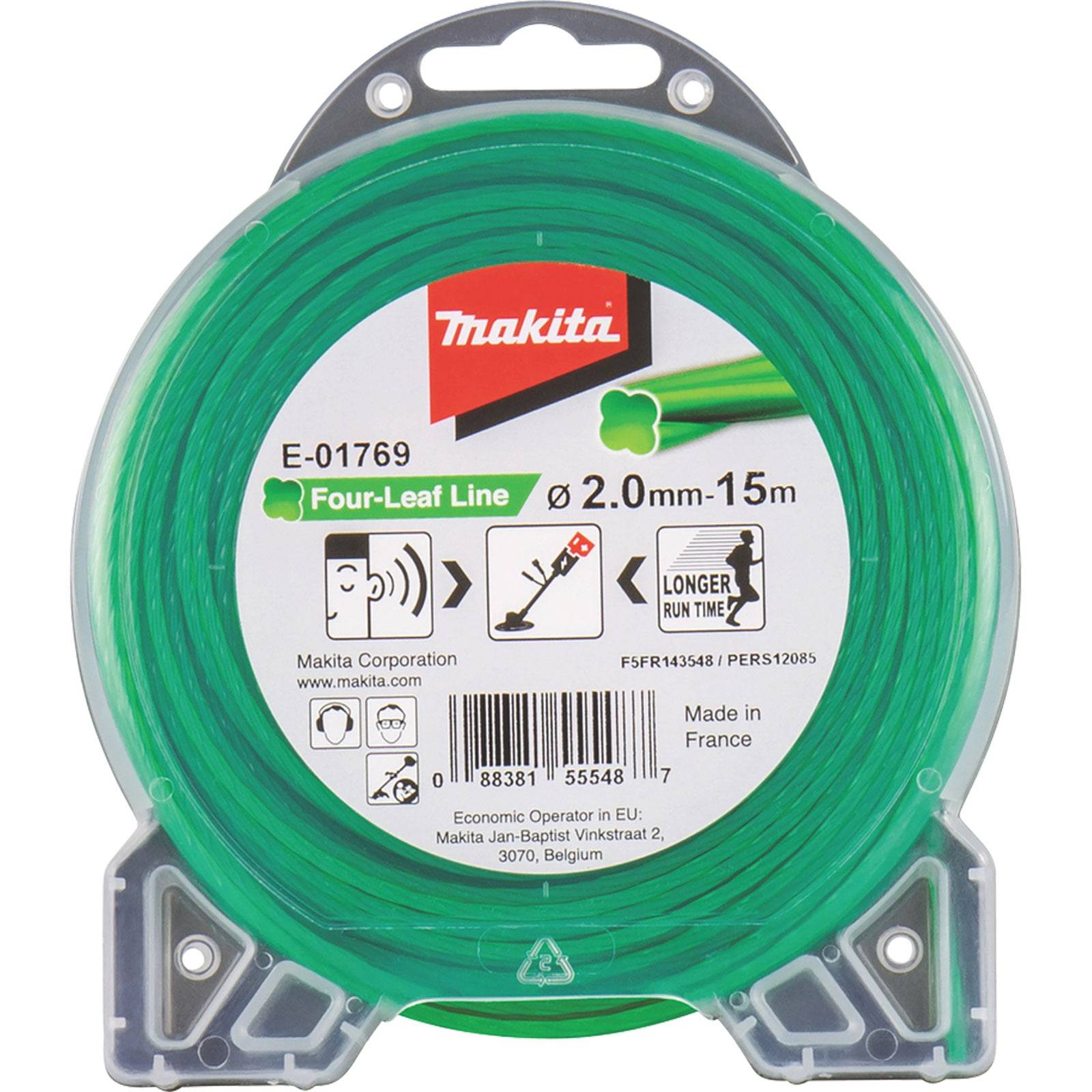 Makita Vier-Blatt-Linie Verpackung zeigt eine grüne Trimmerschnur, 2,0 mm Durchmesser, 15 m Länge. Enthält Produktnummer, Strichcode und Unternehmensinformationen.