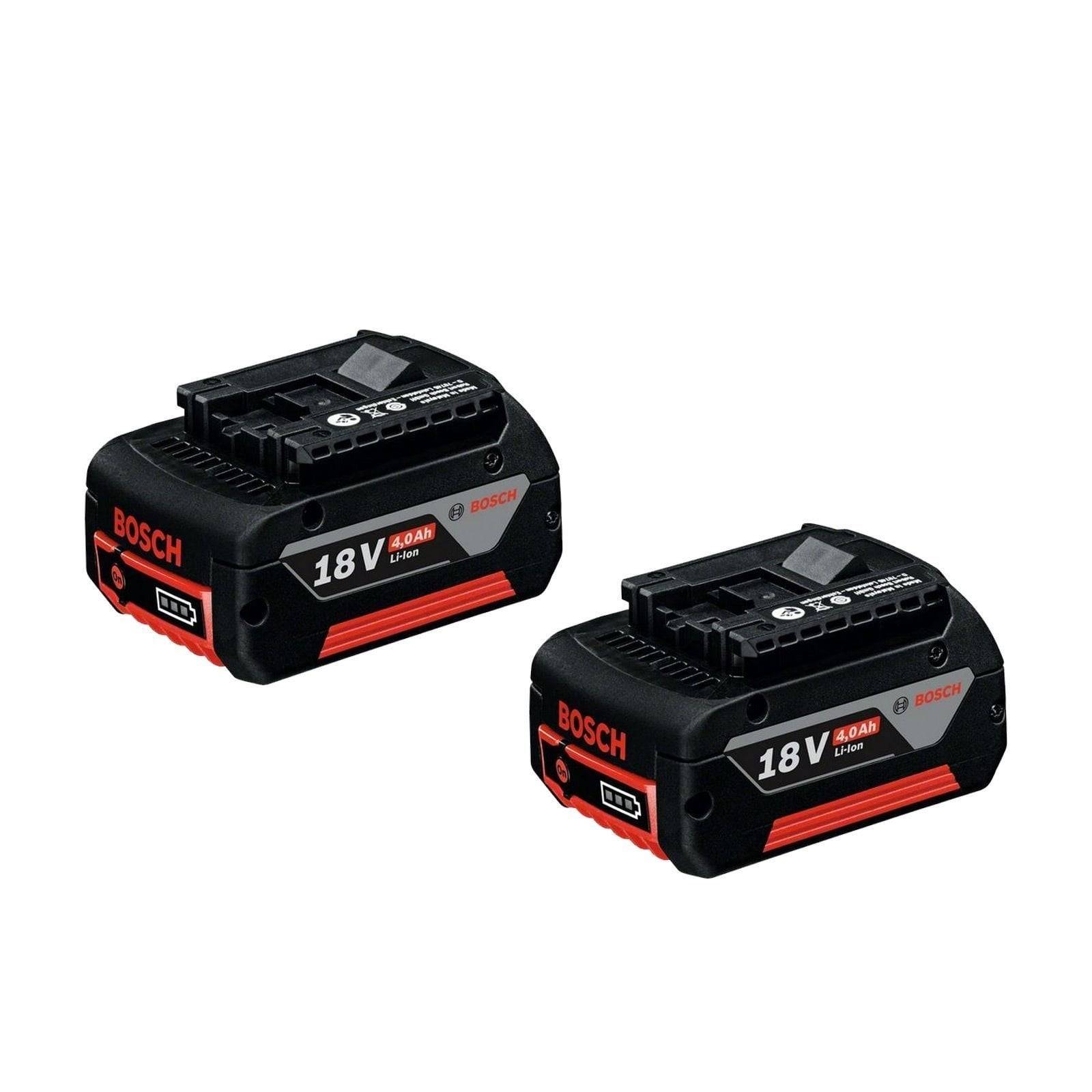 Zwei Bosch-18V-Lithiumbatterien mit Kapazitätskennzeichnungen von '6,0 Ah', nebeneinander auf einem weißen Hintergrund platziert.