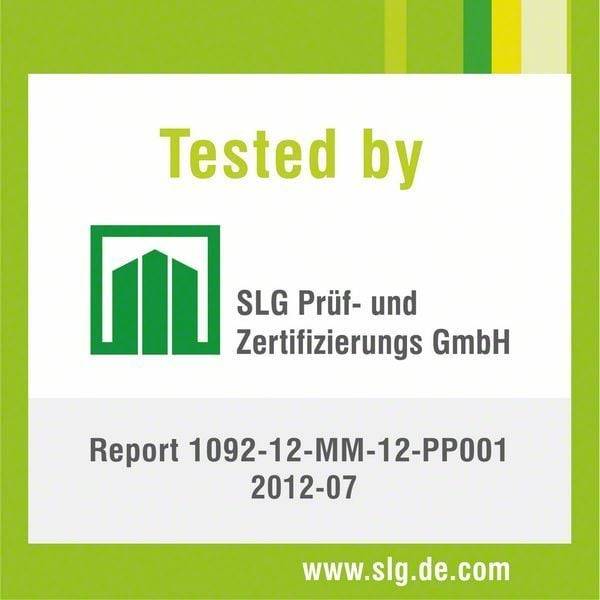Getestet von SLG Prüf- und Zertifizierungs GmbH. Bericht 1092-12-MM-12-PP001 2012-07.' Grüner und weißer Hintergrund mit Logo.