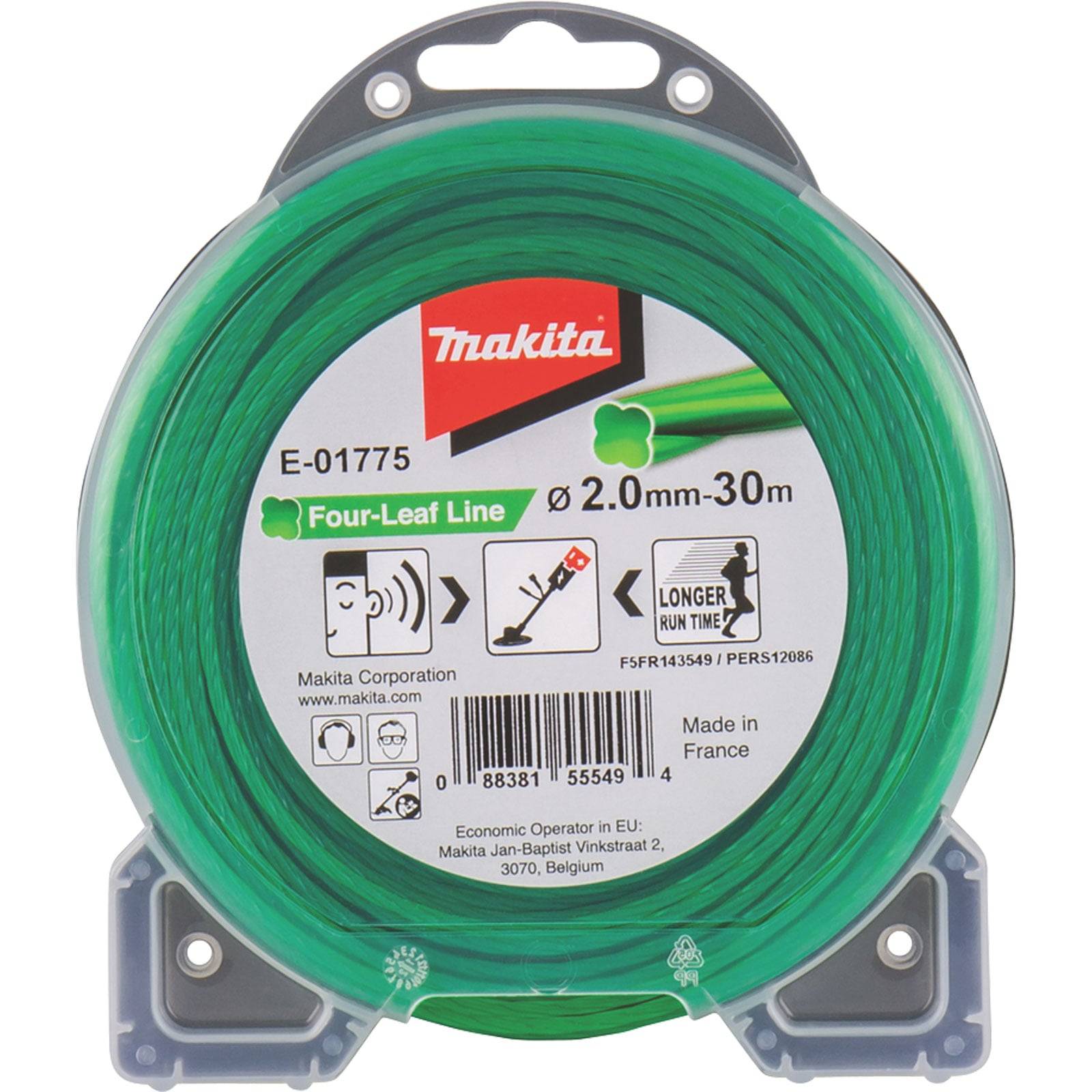 Makita grüne Trimmerline mit vier Blättern, 2,0 mm x 30 m. Verpackung enthält Gebrauchsanweisungen, Logo und Kontaktinformationen. Hergestellt in Frankreich.