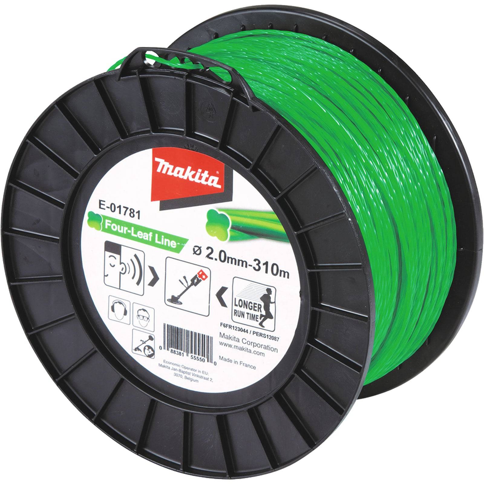 Eine schwarze Spule mit grüner Trimmerschnur, beschriftet mit 'Makita Four-Leaf Line, ø 2,0mm-310m'. Enthält Verwendungssymbole und das Markenlogo.