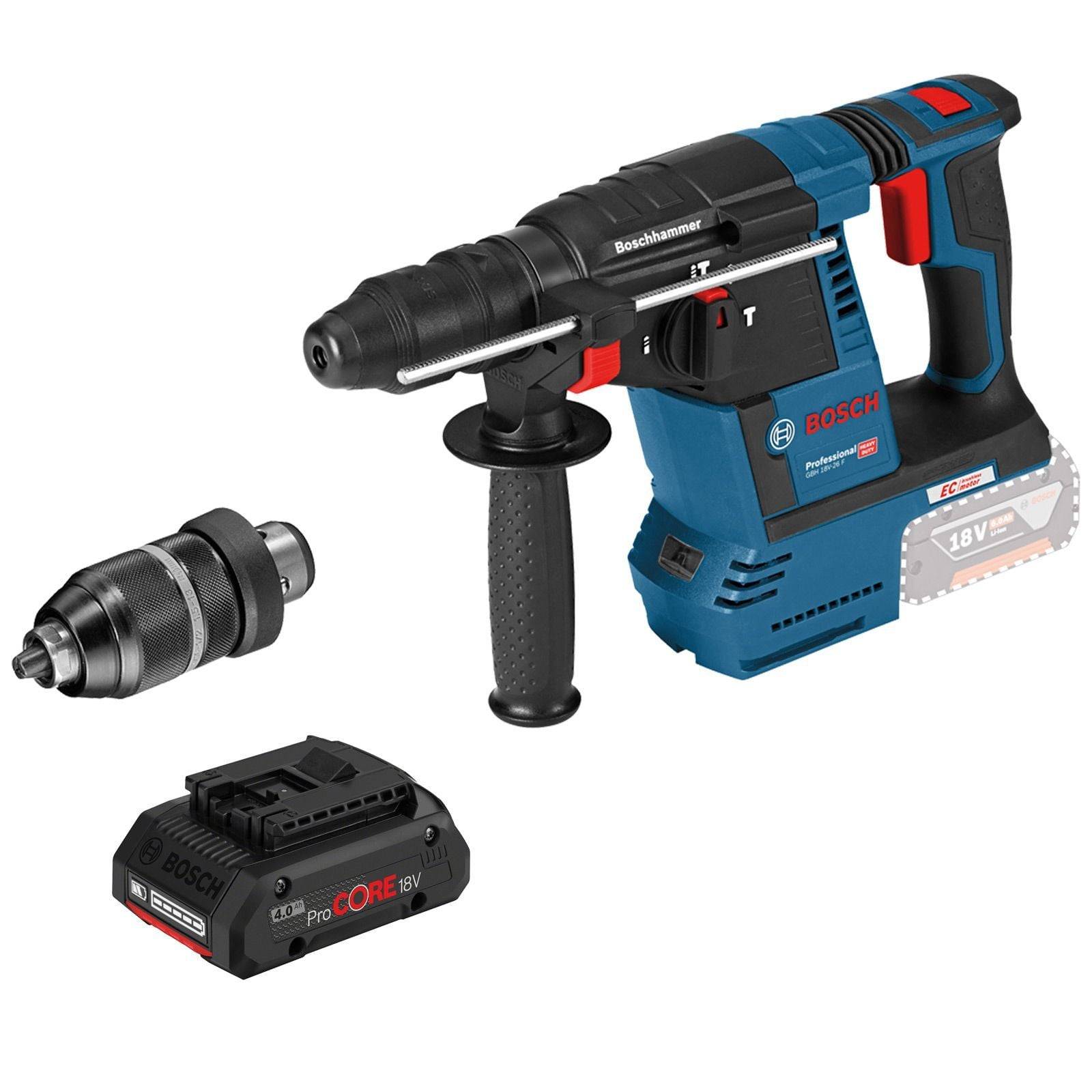 Bosch 18V Professional Bohrhammer-Set, inklusive Bohrgerät mit ergonomischem Griff, abnehmbarem Bohrfutter und wiederaufladbarer Batterie.