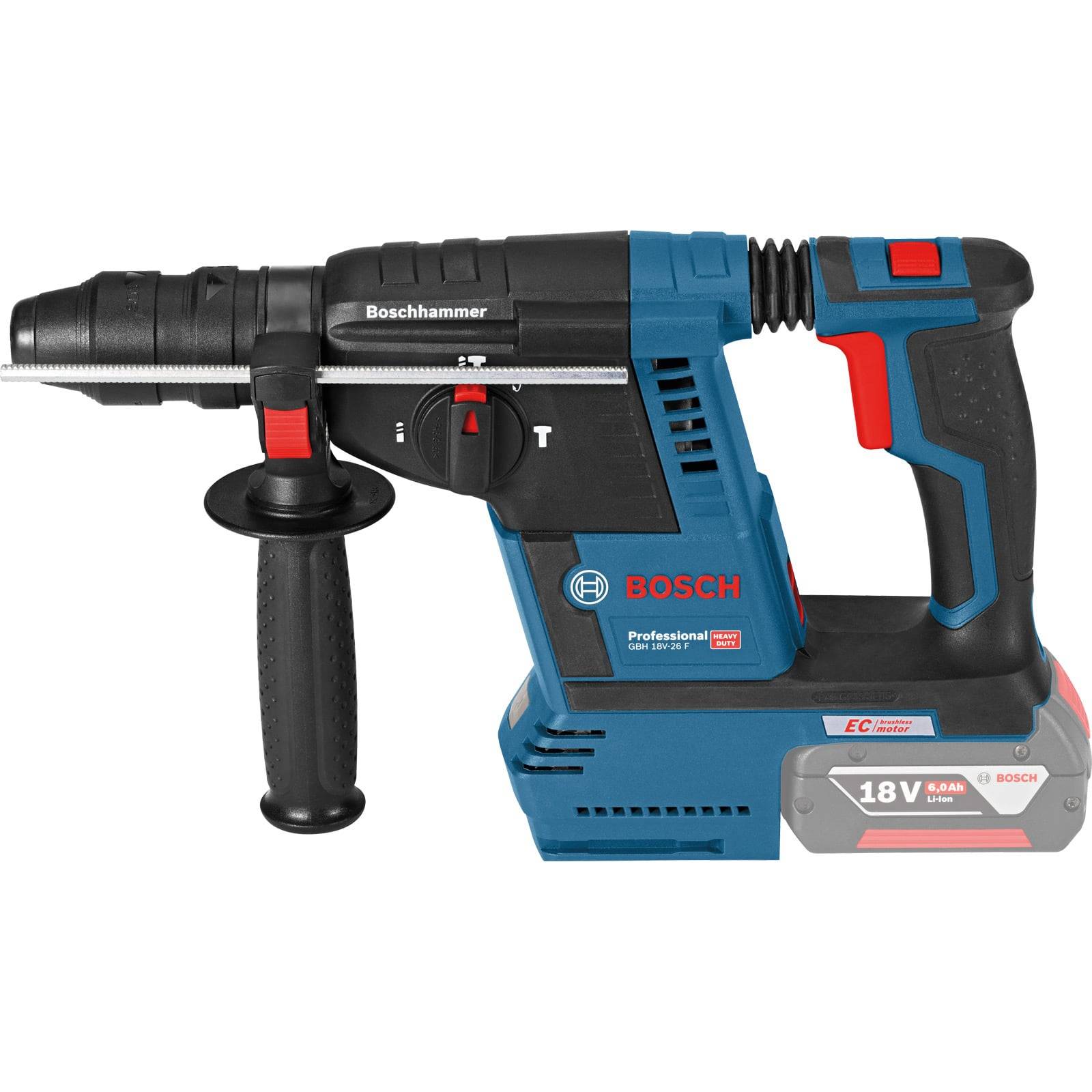 Bosch Professional Bohrhammer, blau und schwarz mit roten Akzenten, ausgestattet mit einem Seitengriff und sichtbarer Spannungsanzeige von 18V.