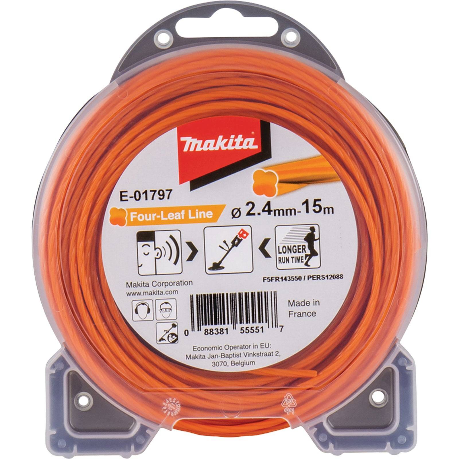Orange Nylonfadenspule für Trimmer, mit der Bezeichnung 'Four-Leaf Line', Durchmesser 2,4 mm, Länge 15 m. Hergestellt in Frankreich.