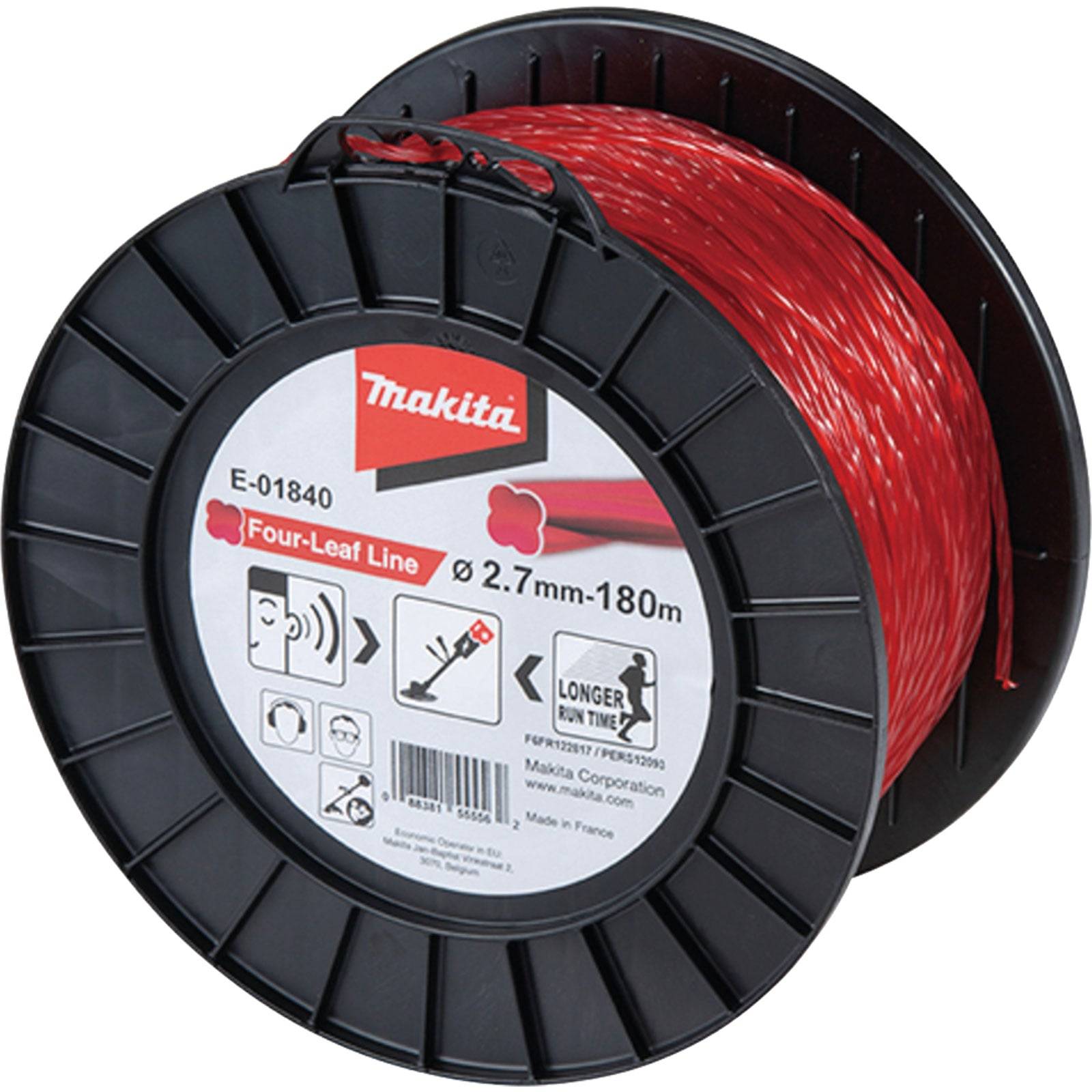 Eine Spule Makita Vier-Blatt-Linie für Trimmer, rot, 2,7 mm x 180 m. Mit Eigenschaften zur Verhinderung von Verschweißungen und der Behauptung einer längeren Laufzeit.
