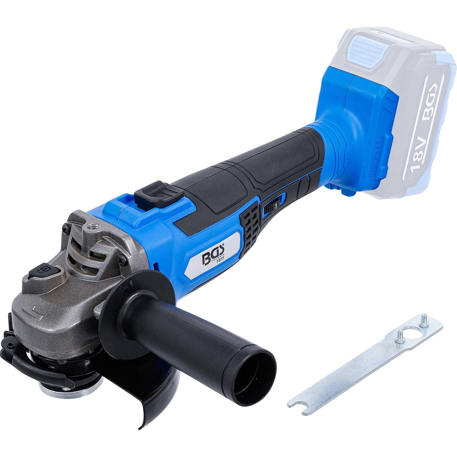 Eine blaue und schwarze kabellose Winkelschleifer mit Seitengriff und einem Schraubenschlüssel daneben, was darauf hindeutet, dass er betriebsbereit oder zur Wartung vorbereitet ist.