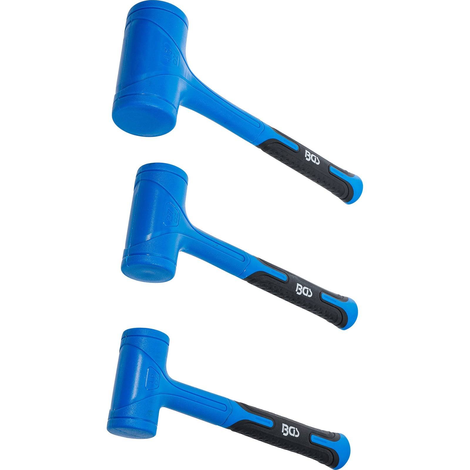 Drei blaue Gummihämmer unterschiedlicher Größe mit schwarzen Griffen, vertikal angeordnet.