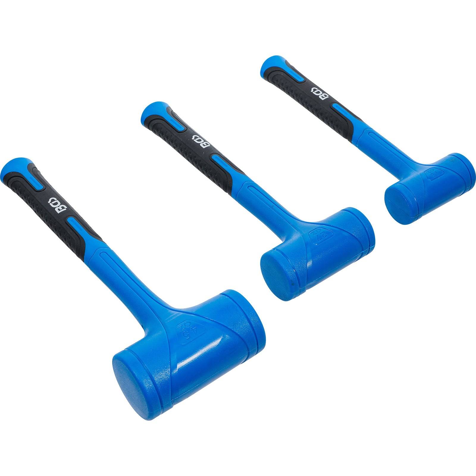 Drei blaue Gummihämmer in verschiedenen Größen mit schwarzen Griffen, mit der Beschriftung 'BOC', von links nach rechts in absteigender Reihenfolge angeordnet.