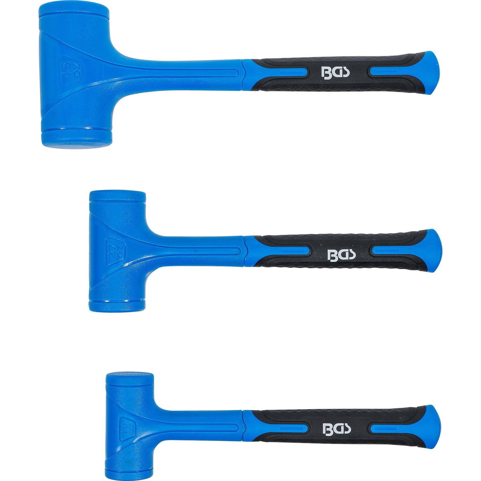 Drei blaue Gummihämmer in unterschiedlichen Größen mit schwarzen Griffen, vor einem einfarbigen Hintergrund angeordnet.