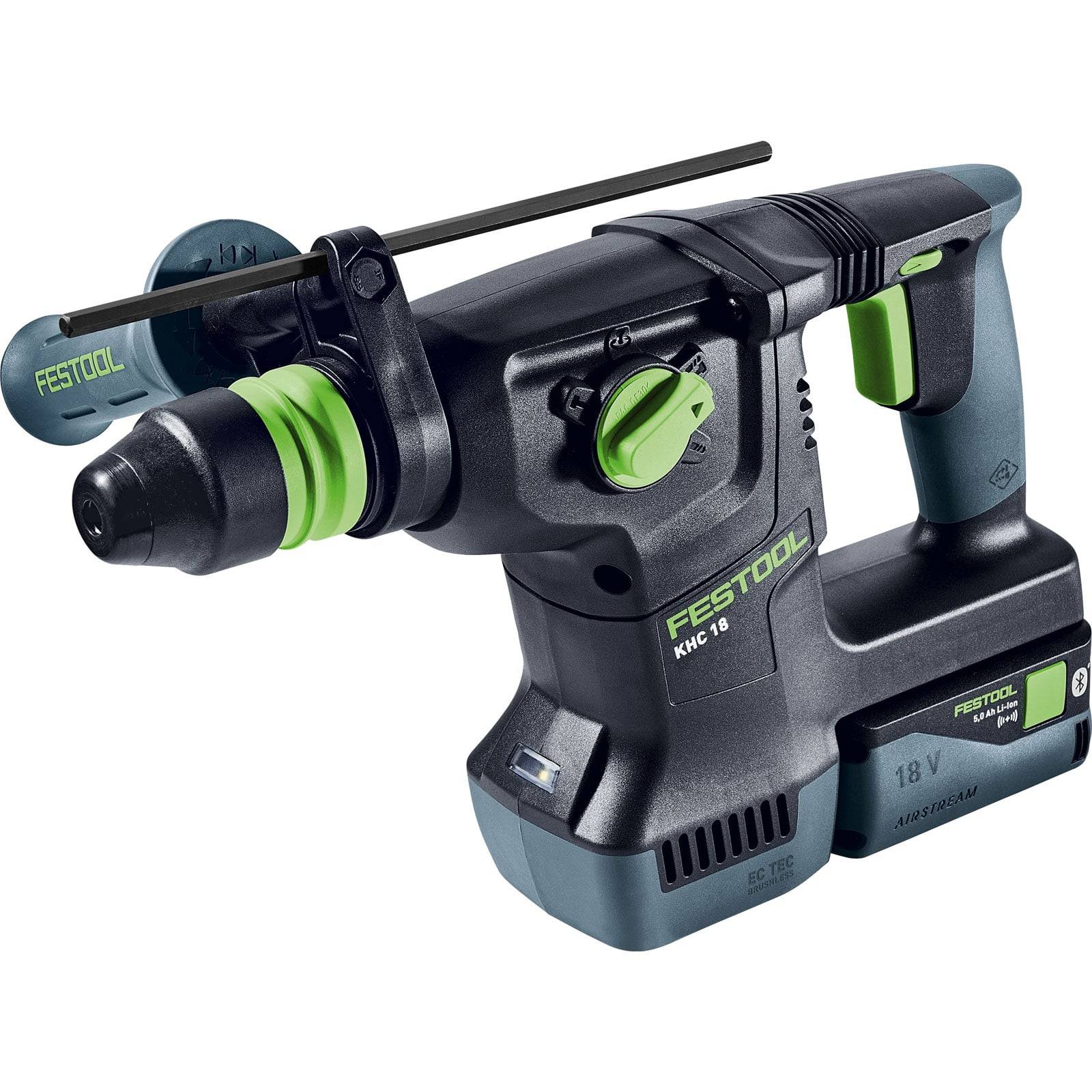 Festool BHC 18 Akku-Bohrhammer in Schwarz und Grün, mit ergonomischem Griff und abnehmbarem Handgriff. Der Name ‚Festool' ist am Gehäuse sichtbar.