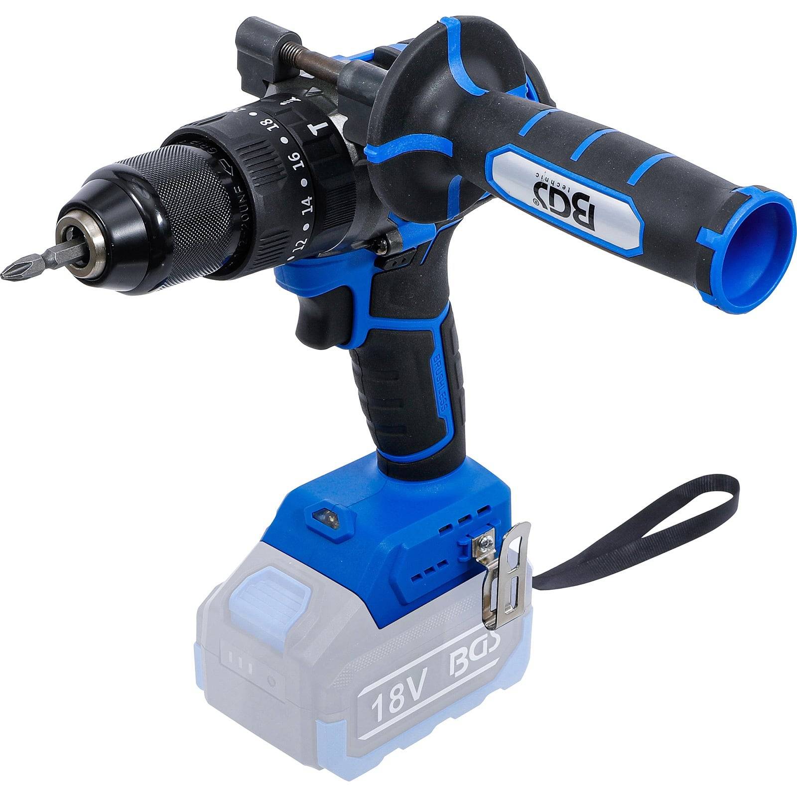 Eine blaue und schwarze kabellose Bohrmaschine mit Metallbohrfutter, Bohrer und einer mit ‚18V' beschrifteten Batterie, die ihr tragbares Design betont.