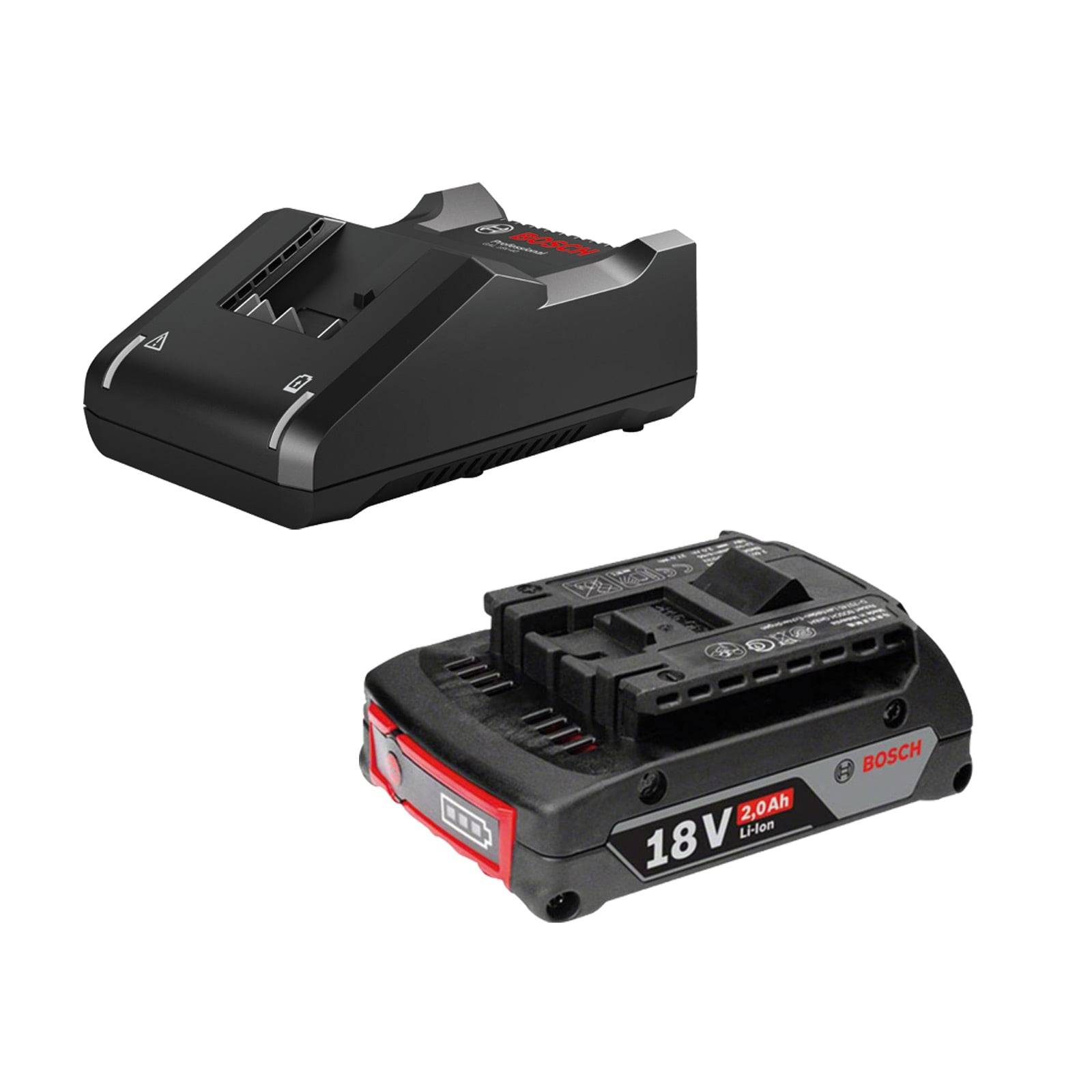 Ein schwarzer Bosch-18V-Li-Ionen-Akku und ein Ladegerät sind abgebildet. Der Akku ist mit '2.0 Ah' beschriftet. Das Ladegerät verfügt über eine Anzeigelampe.