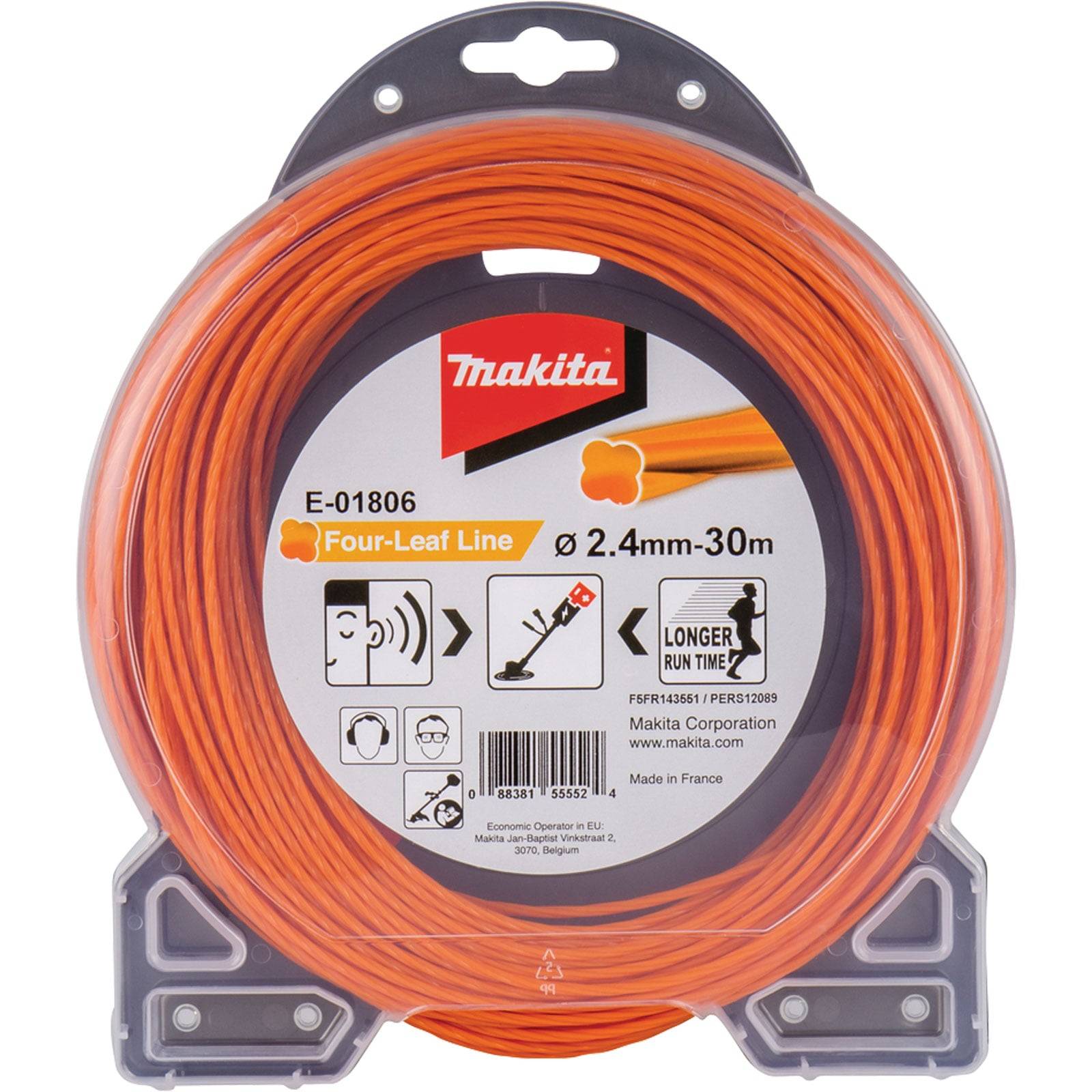 Makita orange Vier-Blatt-Trimmerline, 2,4mm x 30m, in einer transparenten Verpackung mit Produktinformationen. Hergestellt in Frankreich.