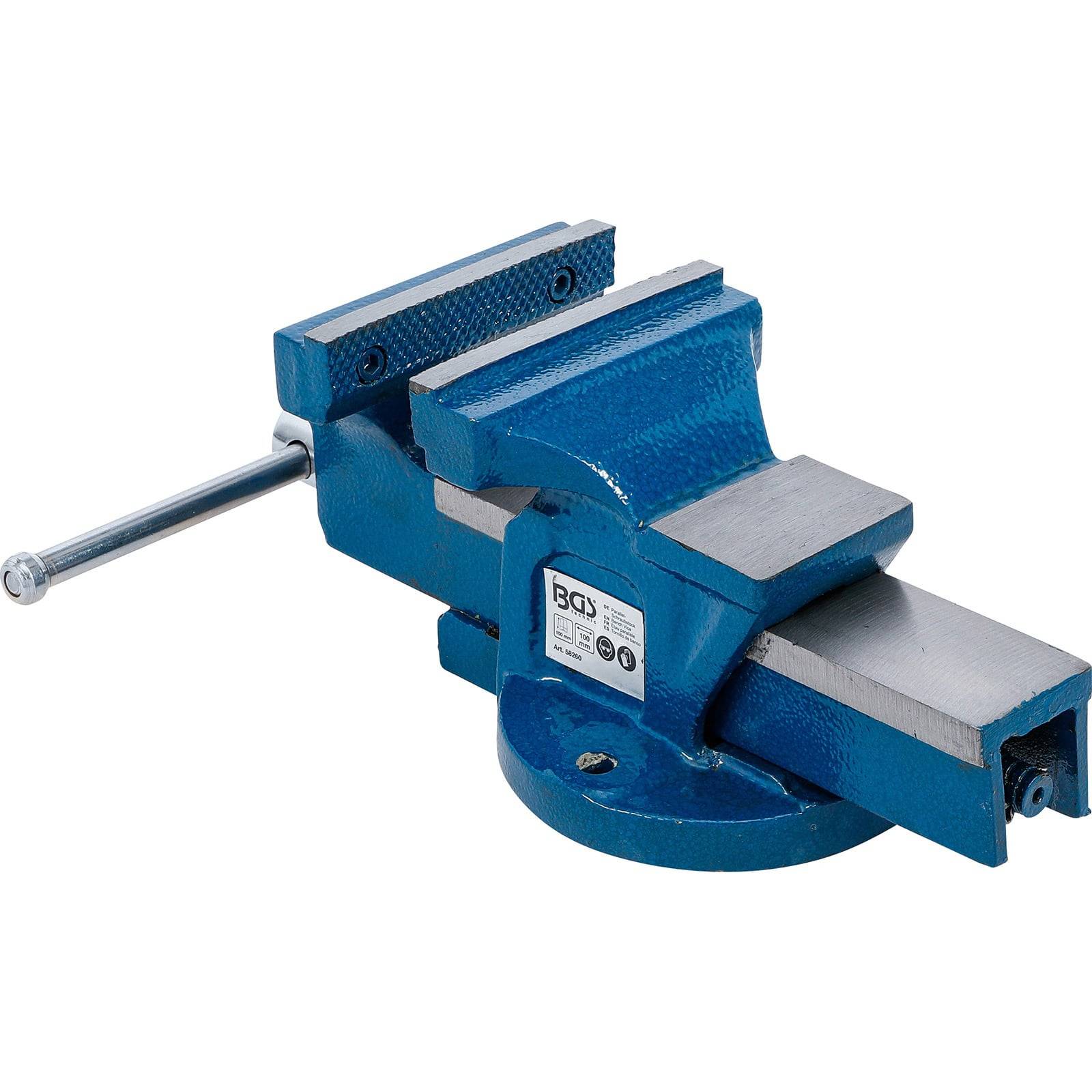 Eine blaue Metallschraubstock mit einer drehbaren Basis und einem Griff zum Einstellen des Halts. Er wird verwendet, um Objekte während der Arbeit sicher zu befestigen.