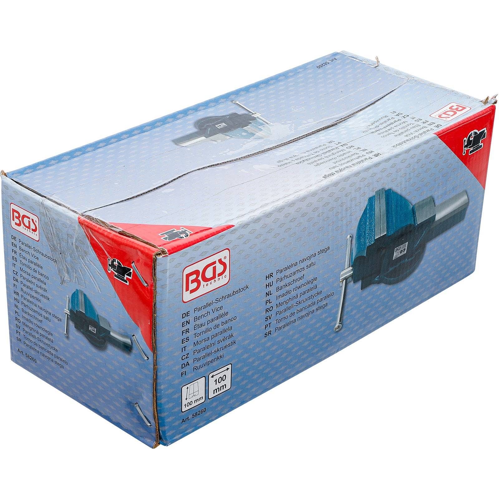 Eine blau-graue Verpackungsbox zeigt auf ihrer Seite ein großes Bild eines BGS-Rohrschneiders, der für Rohrmessungen von 10 bis 100 mm ausgelegt ist.