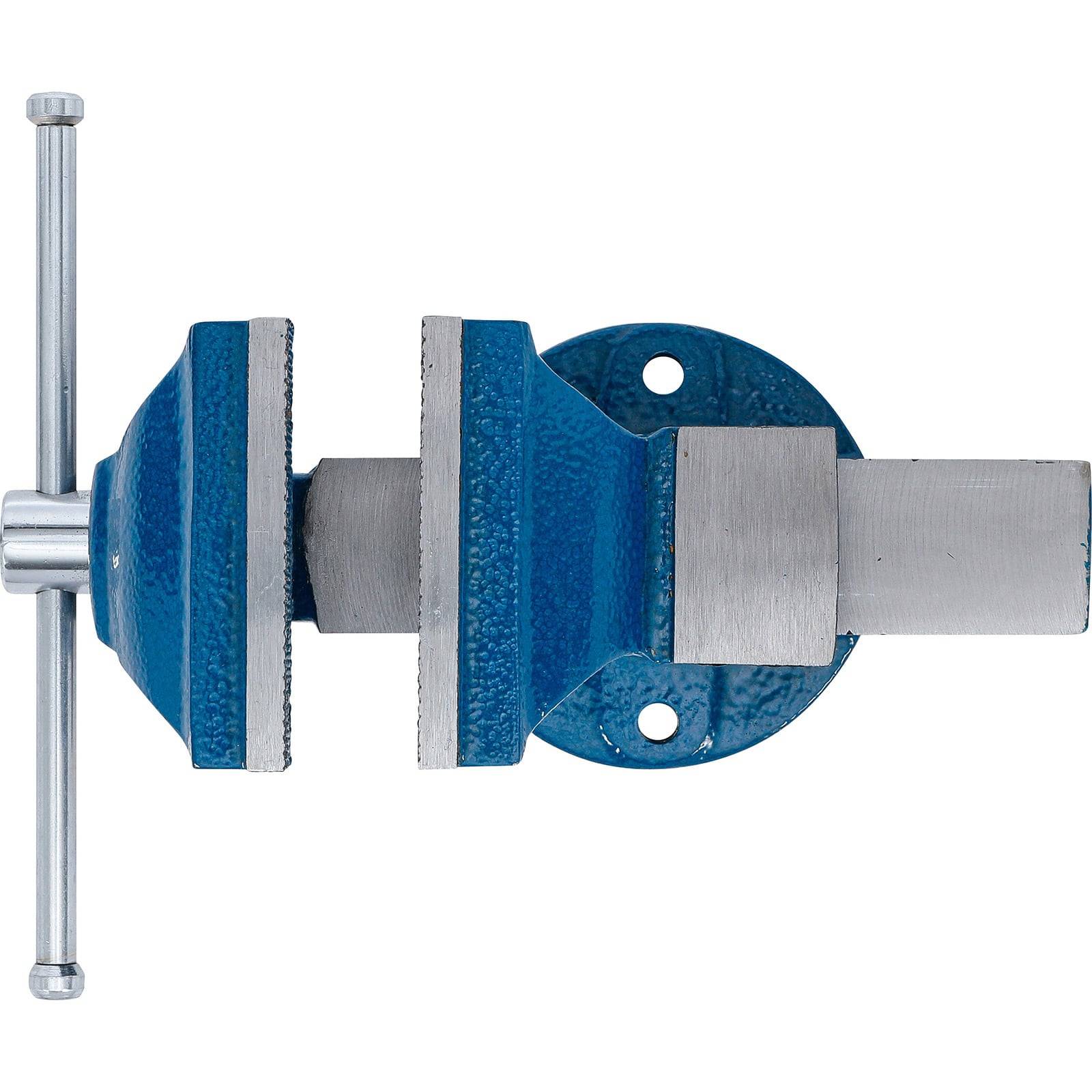 Eine blaue und silberne Metallschraubstock mit einer T-Griff-Schraube, der zum sicheren Halten von Gegenständen während Arbeits- oder Reparaturaufgaben verwendet wird.