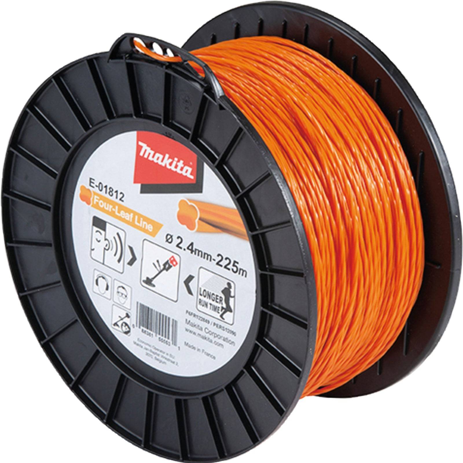 Eine Spule orangefarbene Vierkantschnur mit Makita-Branding, gekennzeichnet als 'E-01812', misst 2,4 mm x 225 m.