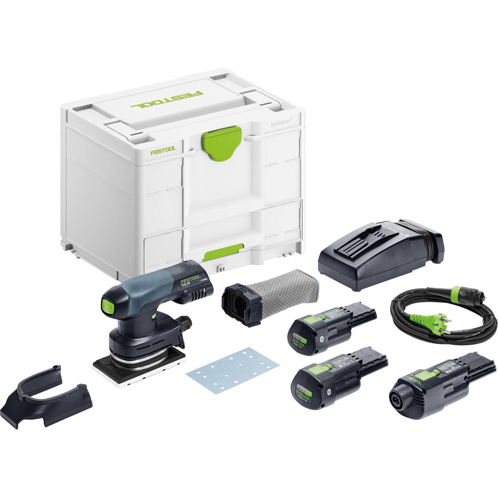 Ein Set von Festool Holzbearbeitungswerkzeugen, einschließlich eines Schleifgeräts, zwei Akkus, Ladegerät, Filterbeutel, Schleifmitteln und einem Aufbewahrungskoffer, ordentlich arrangiert.