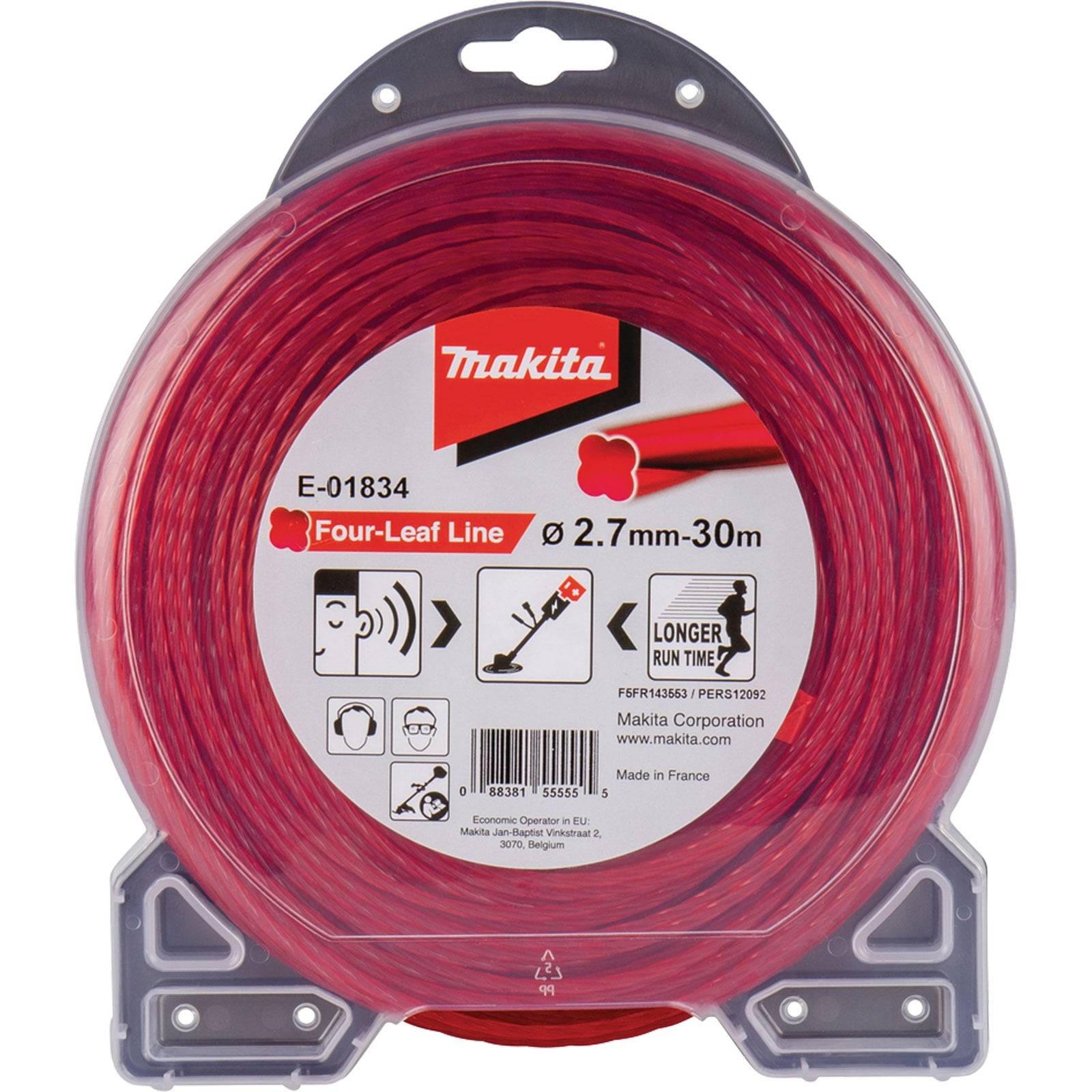 Rote Trimmerfadenspule für Gartenarbeit. Gekennzeichnet als 'Makita Vierblatt-Linie', 2,7mm, 30m, mit Abbildungen zur Anwendung und längerer Laufzeit.