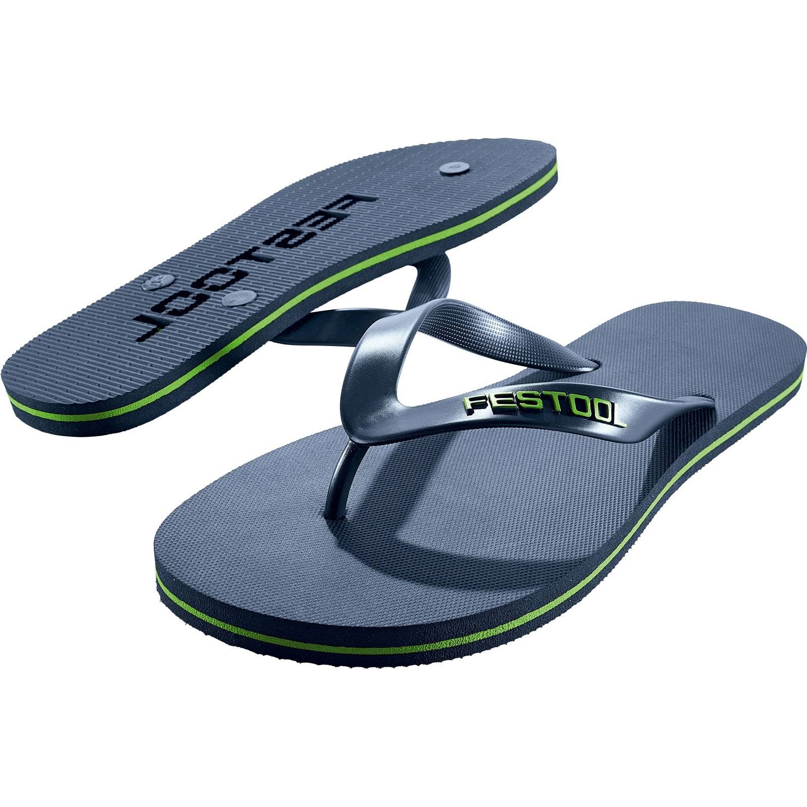 Ein Paar dunkelgraue Flip-Flops mit grünen Akzenten und dem Wort 'FESTOOL', das auf dem Riemen und der Sohle gedruckt ist.