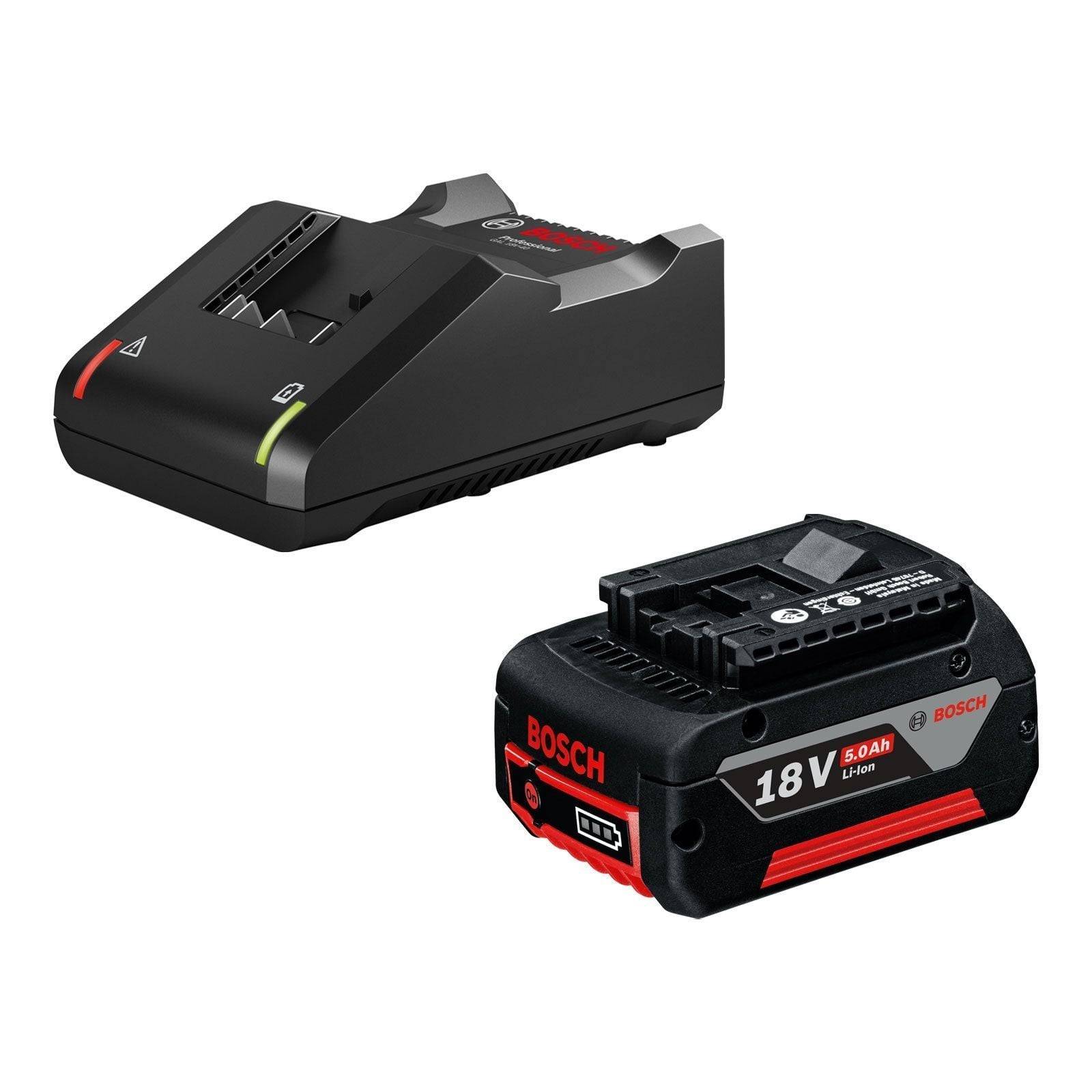 Bosch 18V 5.0Ah Li-Ionen-Akku und Ladegerät, schwarz und rot, nebeneinander.