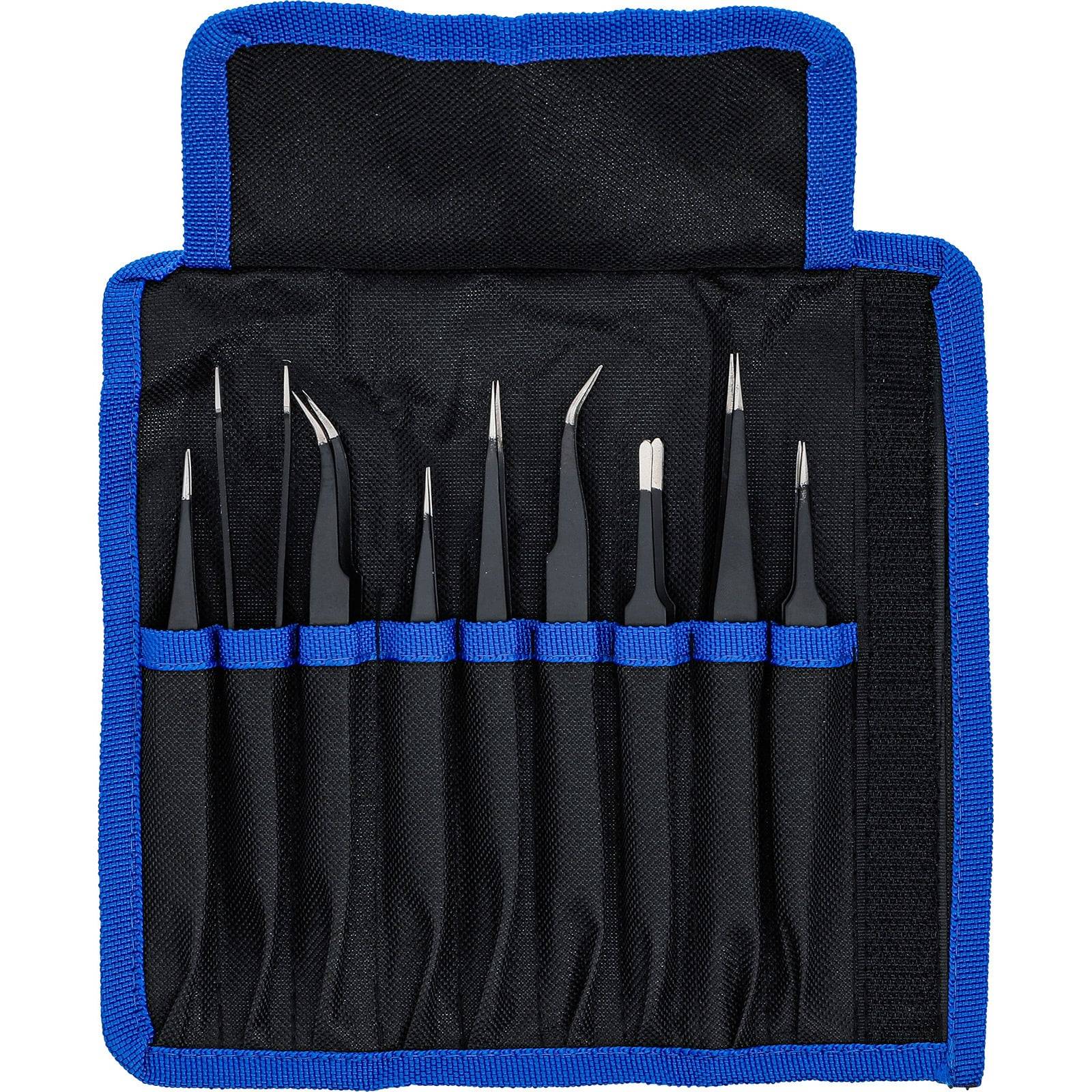 Ein schwarzer Werkzeugkoffer mit blauer Einfassung enthält acht Präzisionspinzetten in verschiedenen Formen und Größen, die jeweils sicher in ihrer eigenen Halterung befestigt sind.