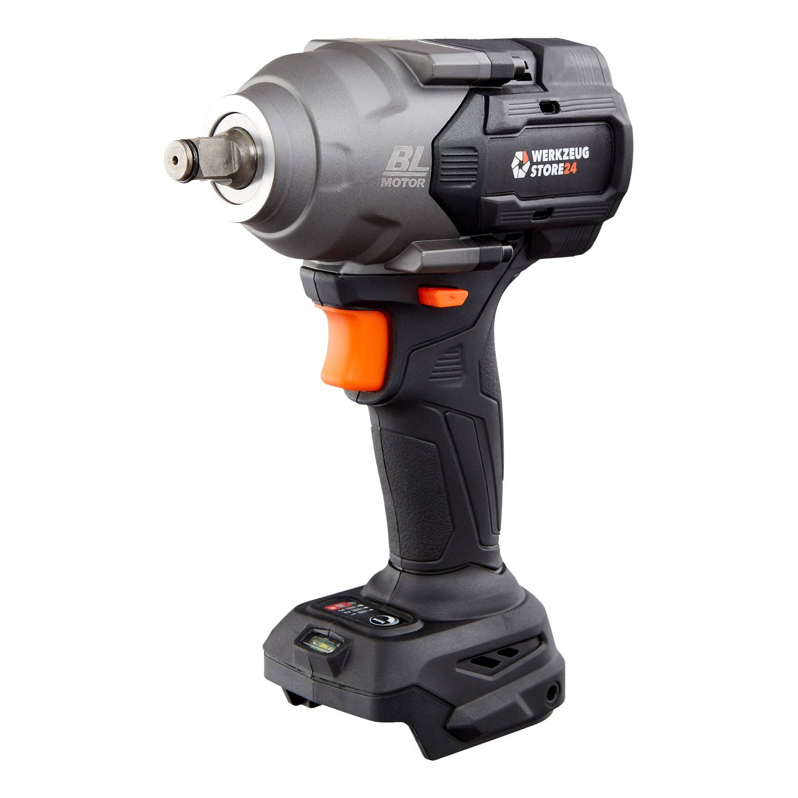Eine kabellose Schlagschrauber mit 'BL MOTOR' und 'WERKZEUG STORE 24' Etiketten, mit einem ergonomischen schwarzen Griff und orangefarbenen Auslöser.